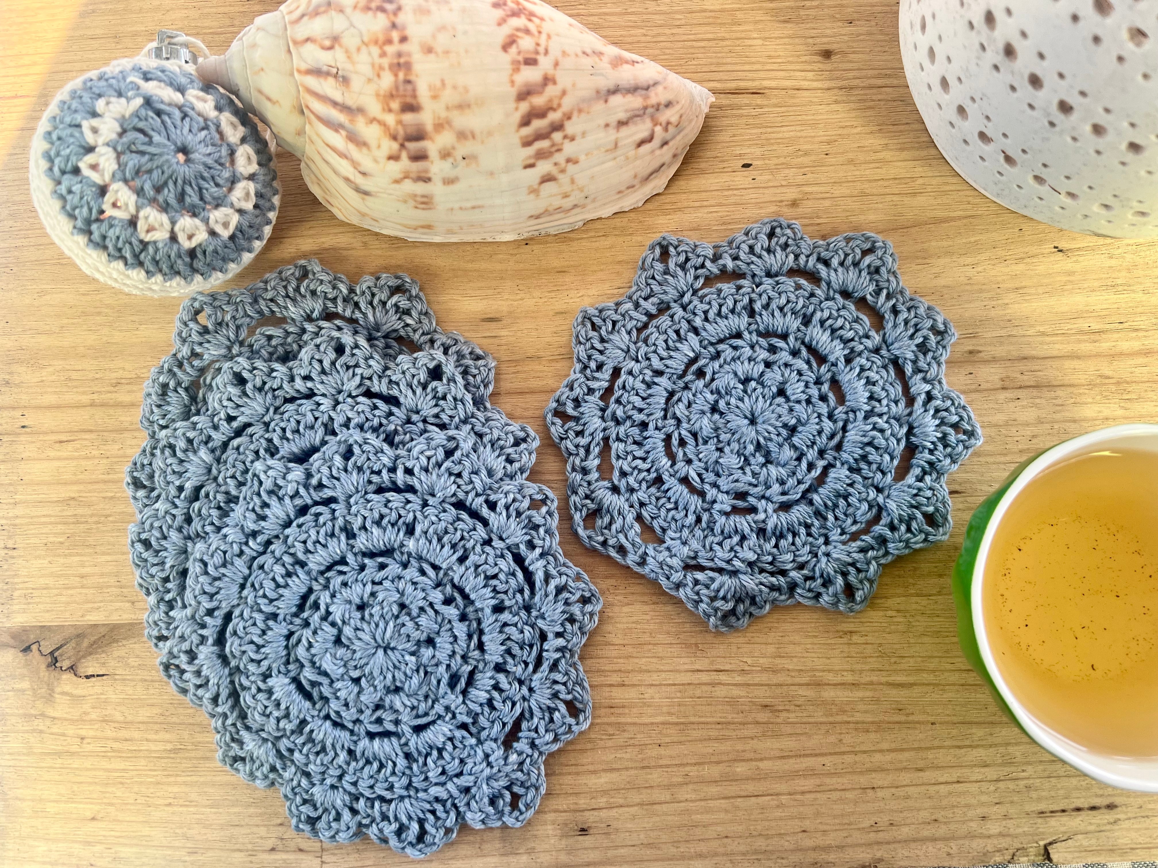 Crochet Coasters Set of 4, Cotton Mandala Coasters, Coastal Boho Home Decor