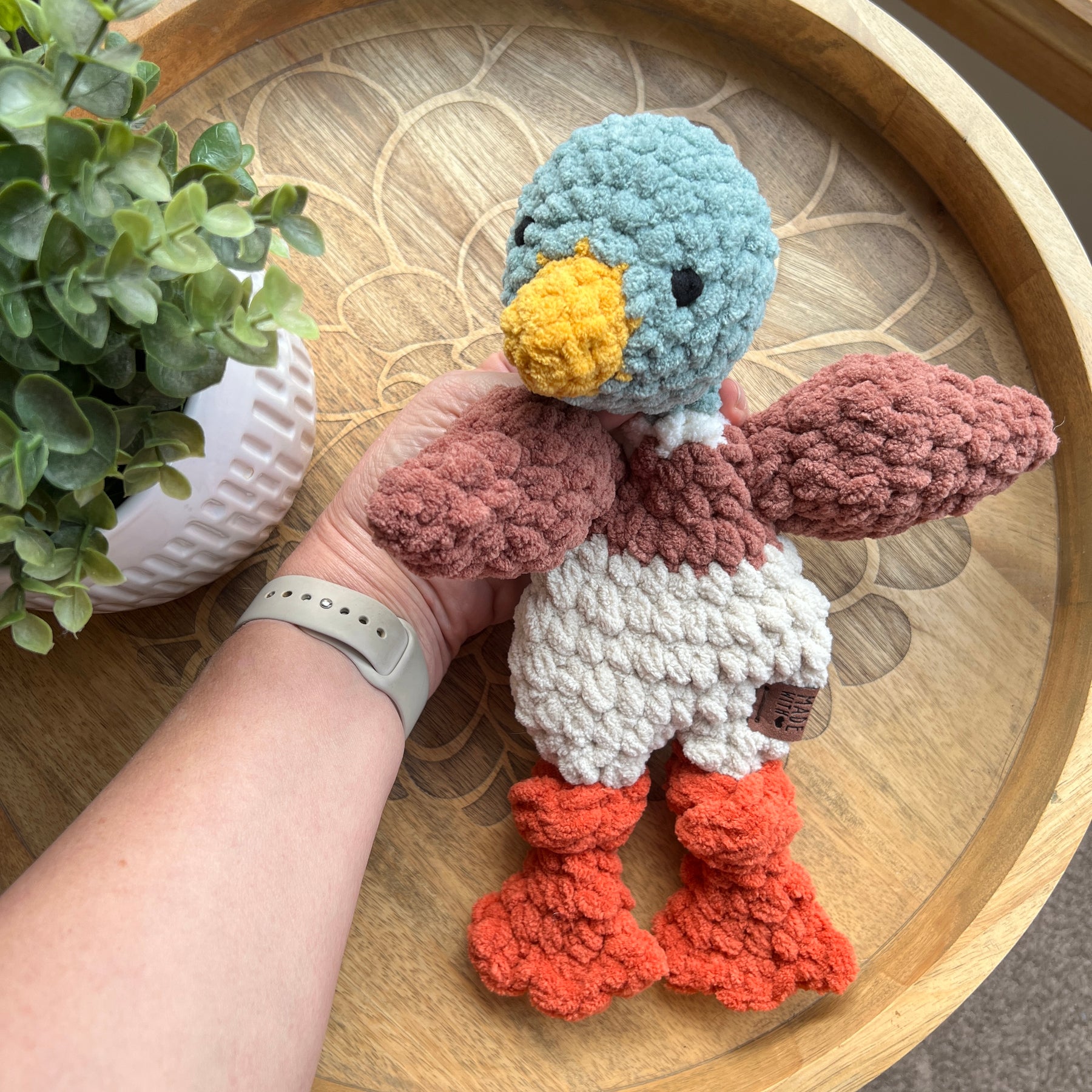 Handmade crochet Mini mallard Duck modern lovey with knotted legs.