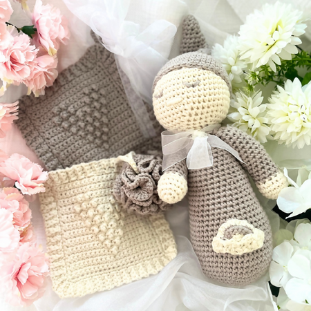 Crochet Sleepy Doll Baby Gift Soft Grey, Newborn Baby Gift Pack