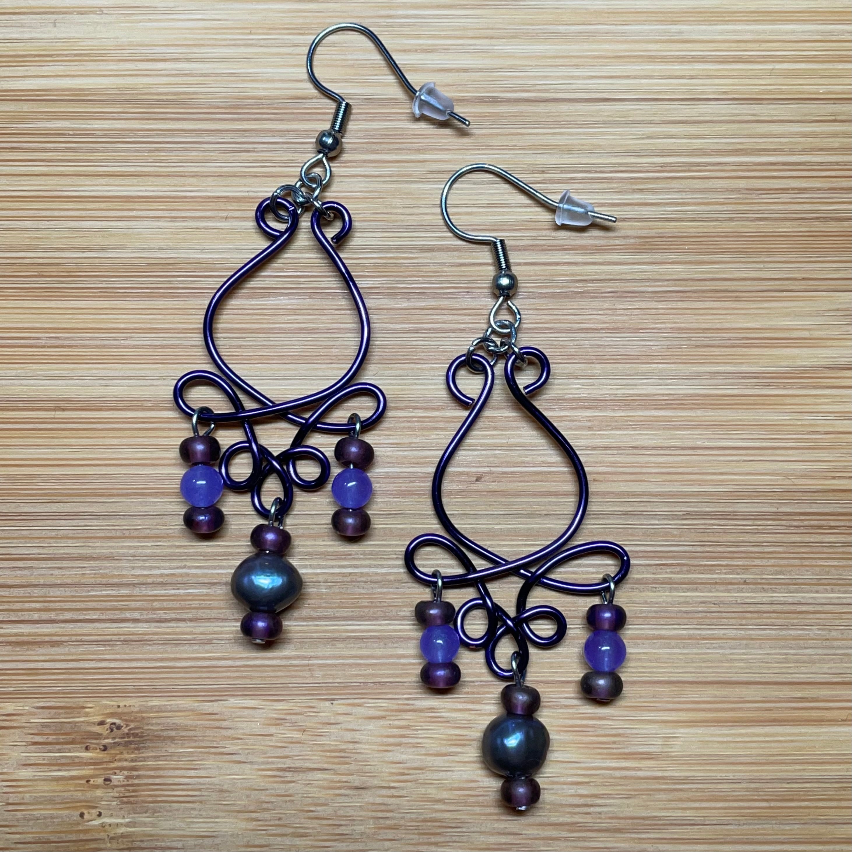 Purple B’s Rose Bud Wire, Pearl and Jade Earrings