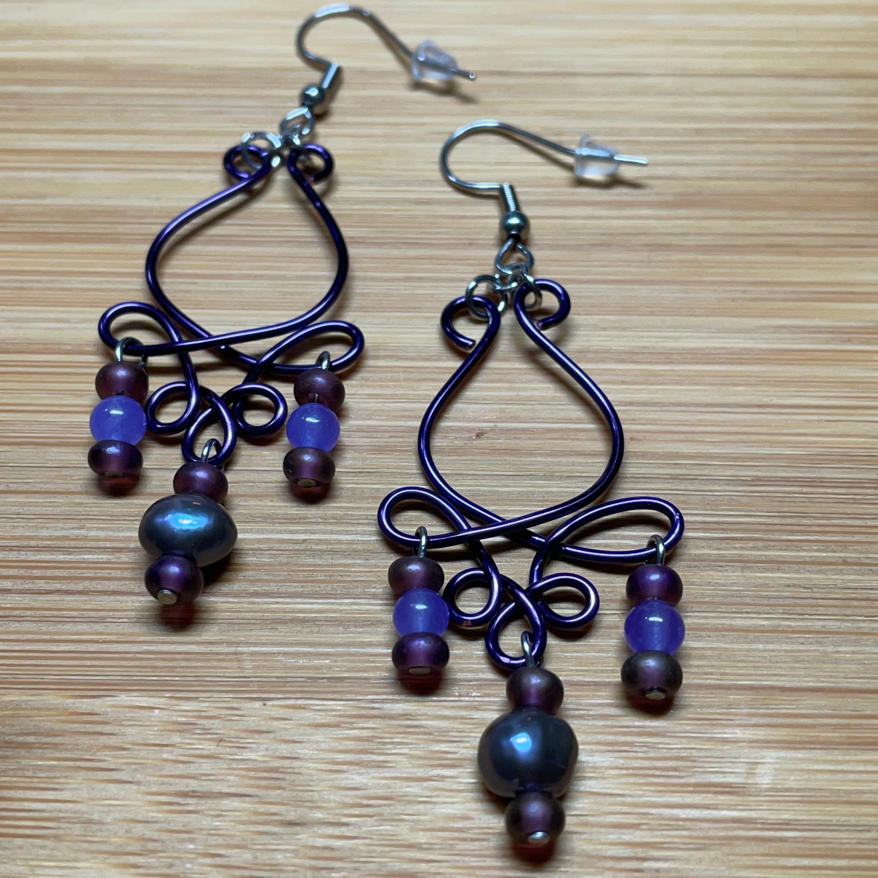 Purple B’s Rose Bud Wire, Pearl and Jade Earrings