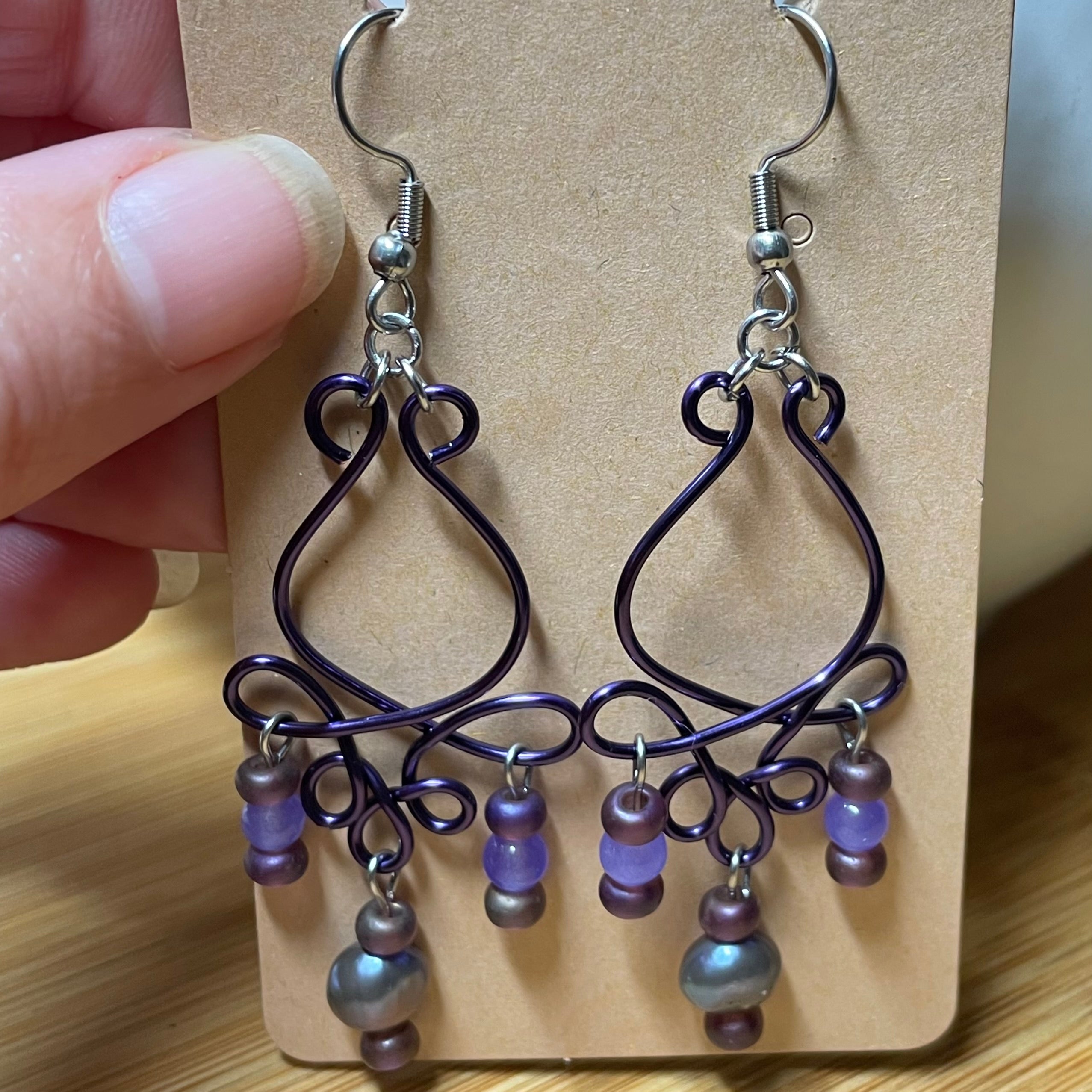 Purple B’s Rose Bud Wire, Pearl and Jade Earrings