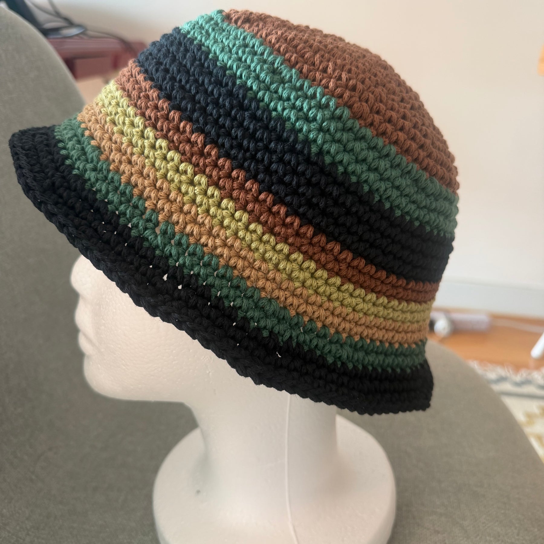 Handmade Striped Crochet Bucket Hat – Earthy Colours \| Custom Colours Available