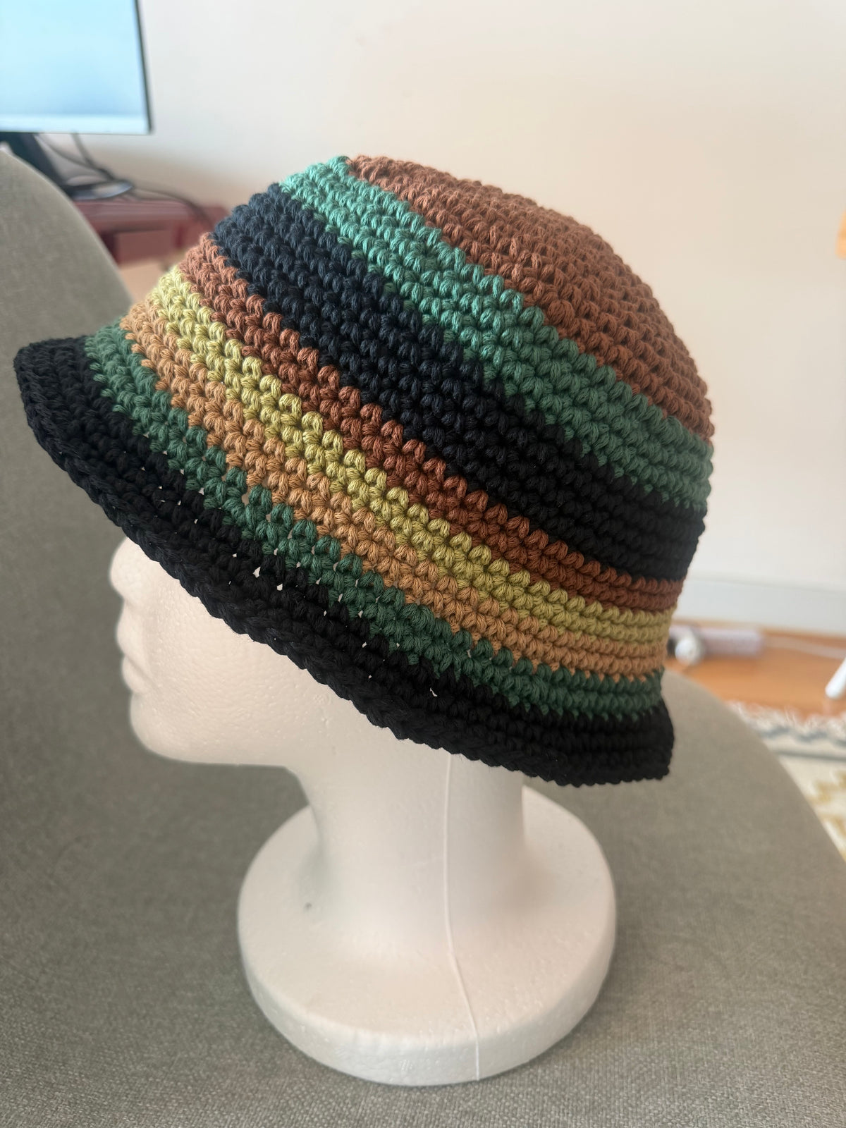 Handmade Striped Crochet Bucket Hat – Earthy Colours \| Custom Colours Available