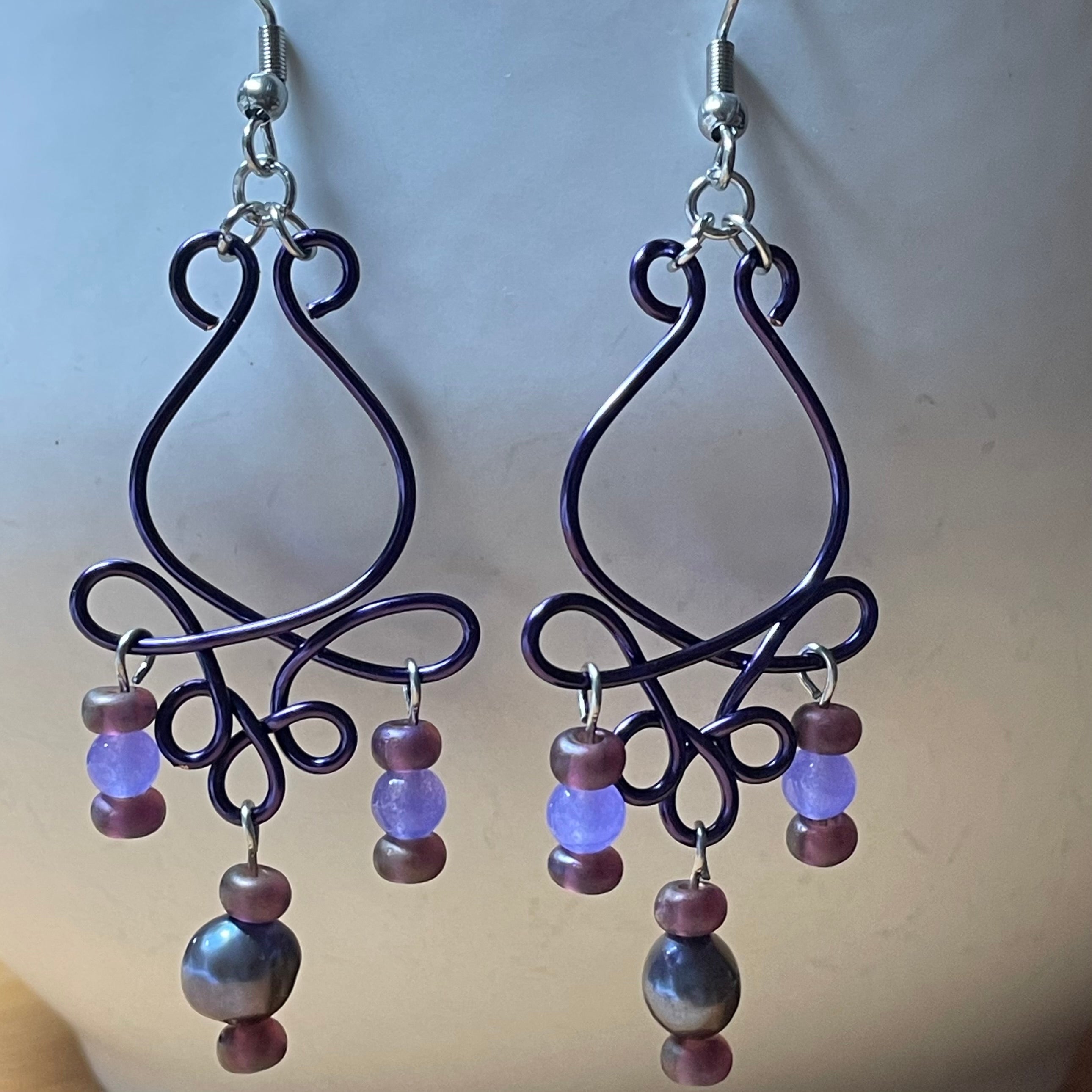 Purple B’s Rose Bud Wire, Pearl and Jade Earrings