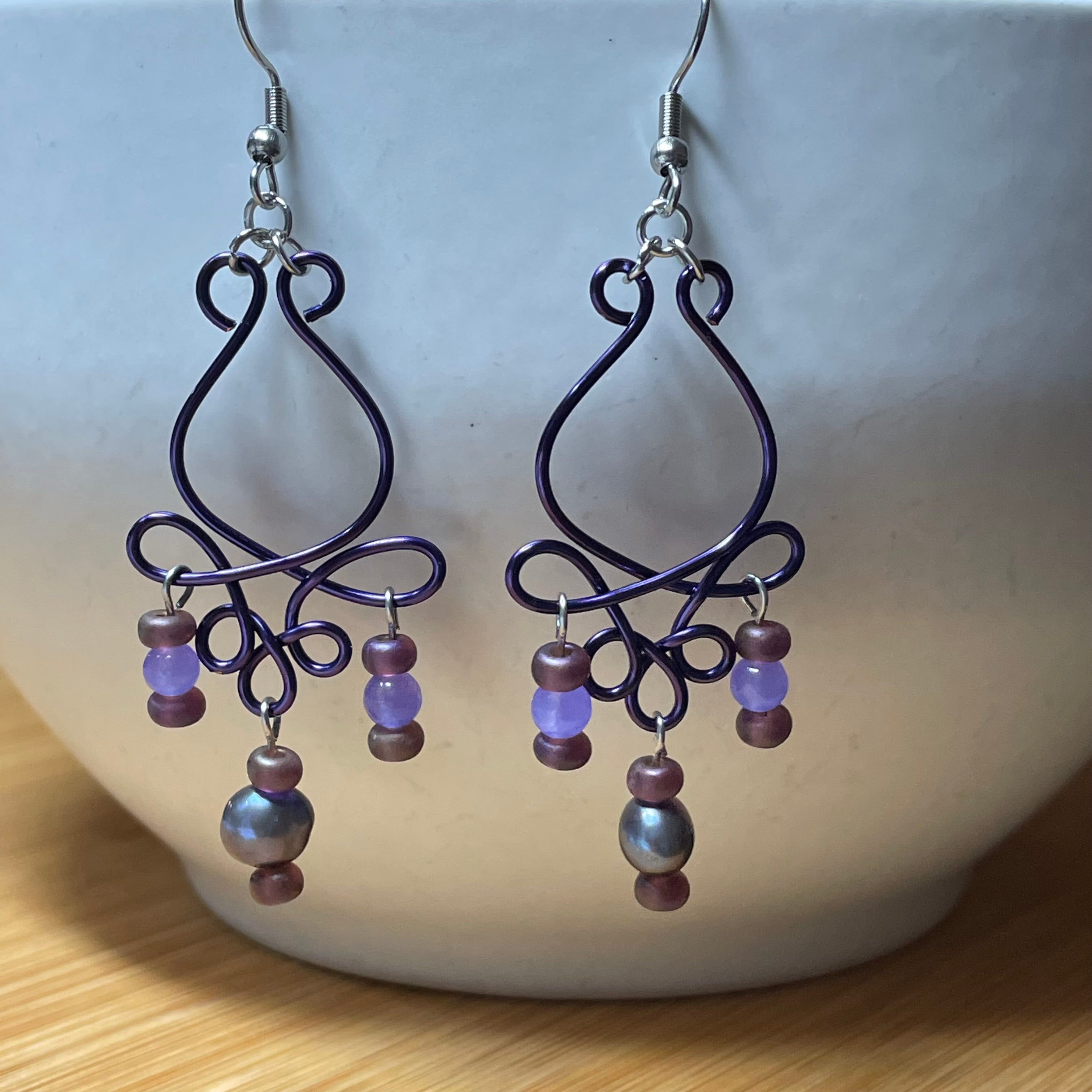 Purple B’s Rose Bud Wire, Pearl and Jade Earrings