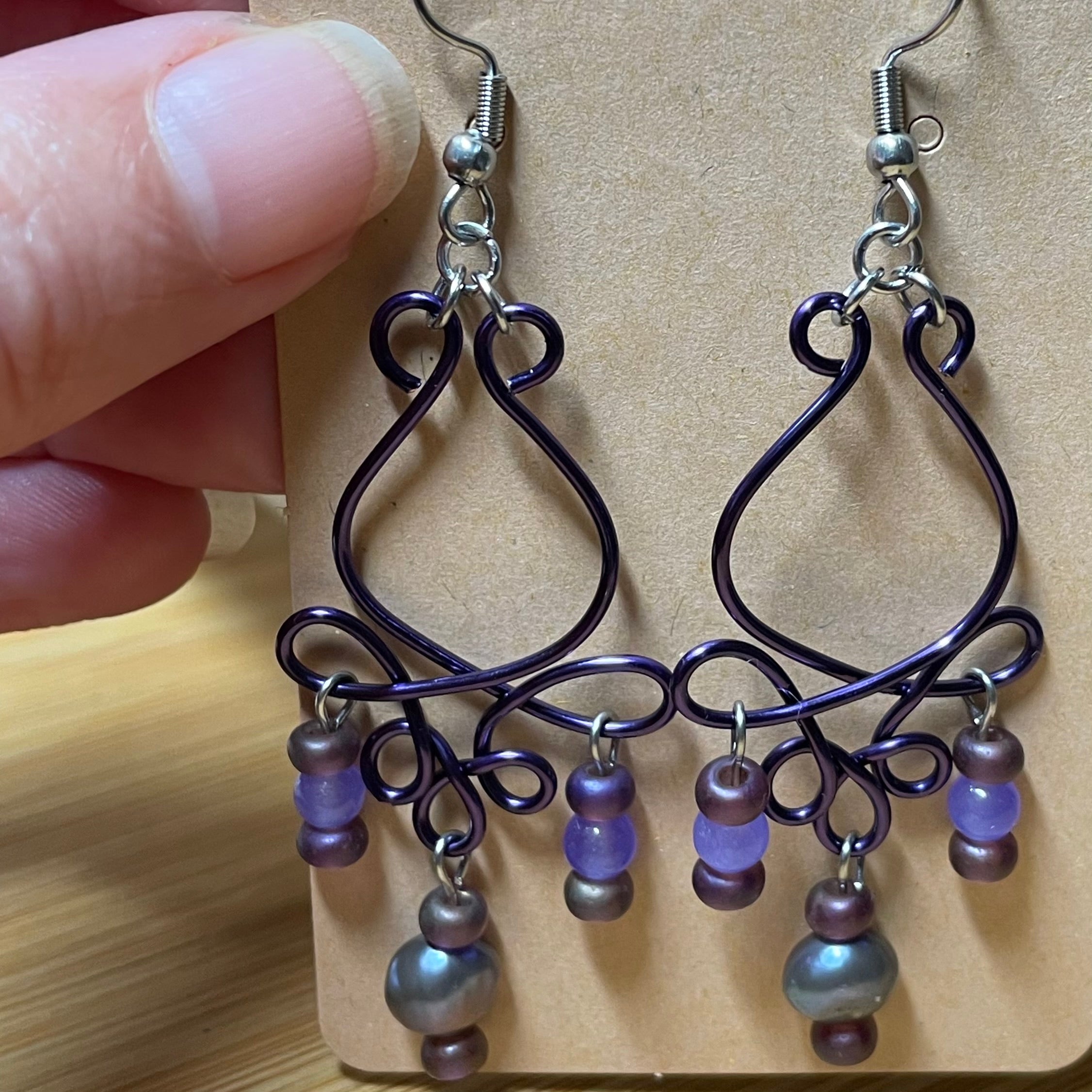 Purple B’s Rose Bud Wire, Pearl and Jade Earrings