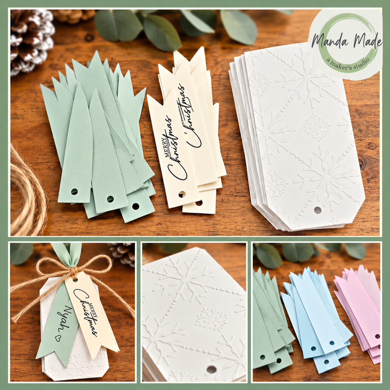 Handmade Christmas Tags - pale blue, sage, pink