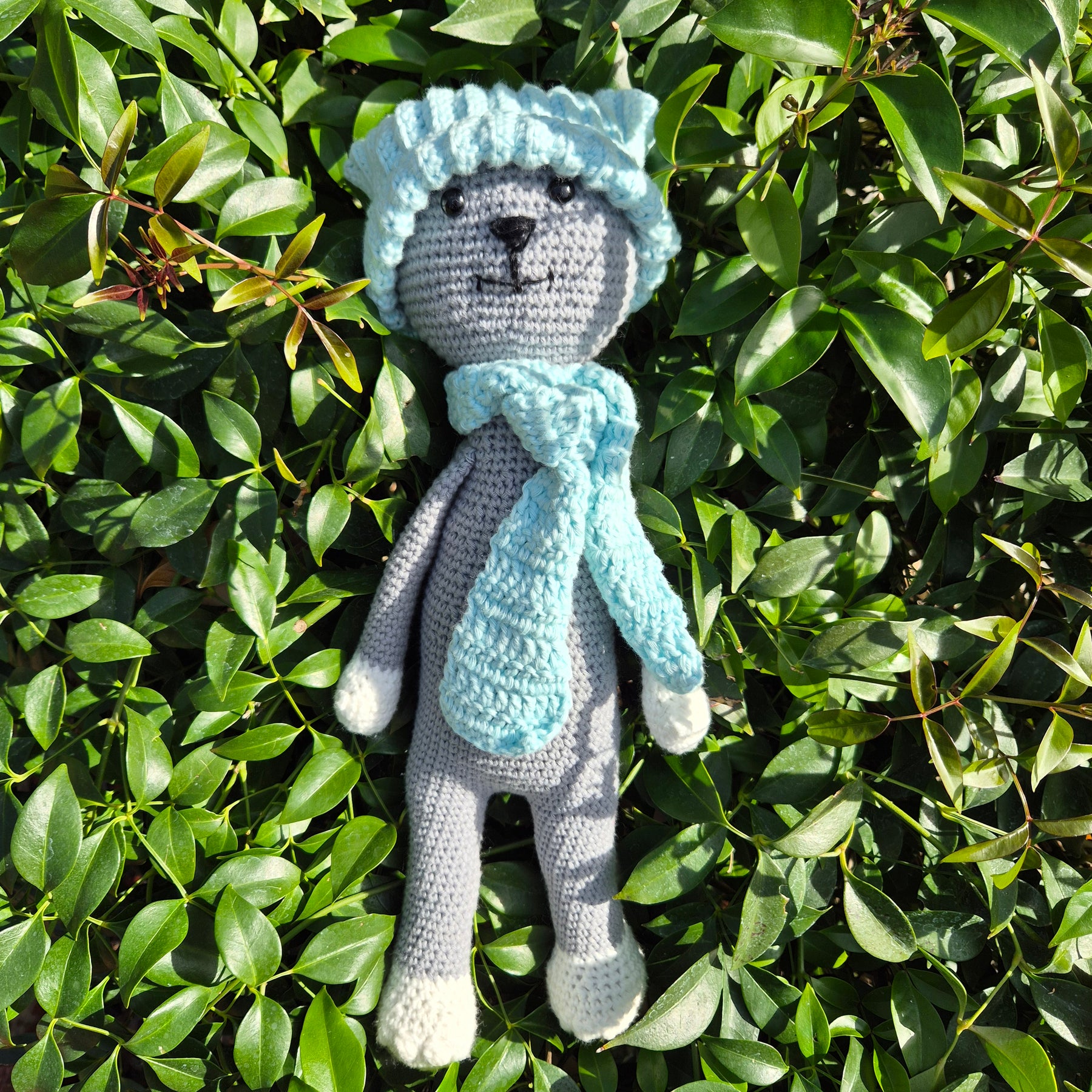 Hand Crochet Cute Cat with Blue Hat & Scarf