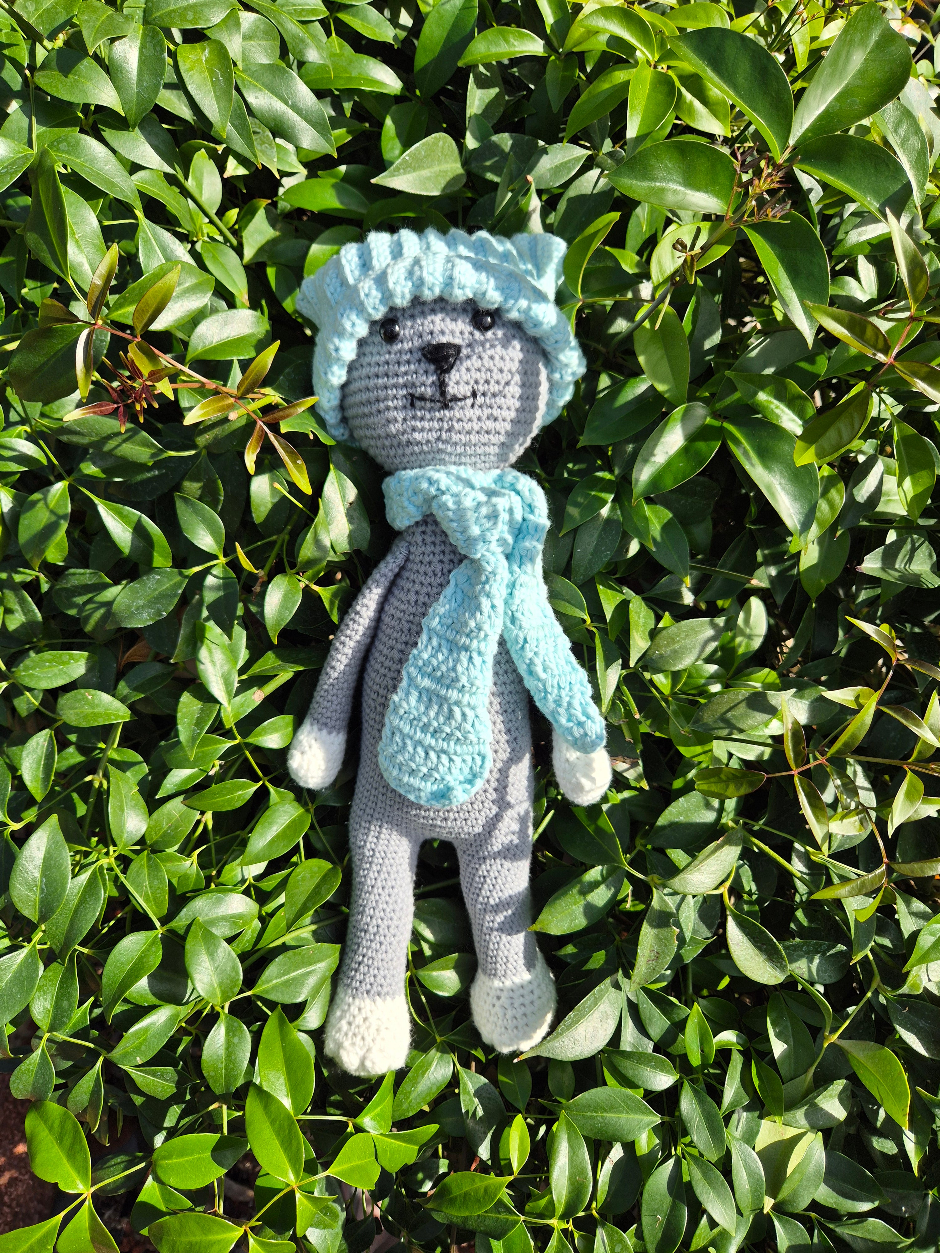 Hand Crochet Cute Cat with Blue Hat & Scarf