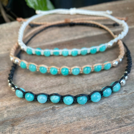 Amazonite Gemstone Beaded Anklet: Macrame Adjustable Waterproof