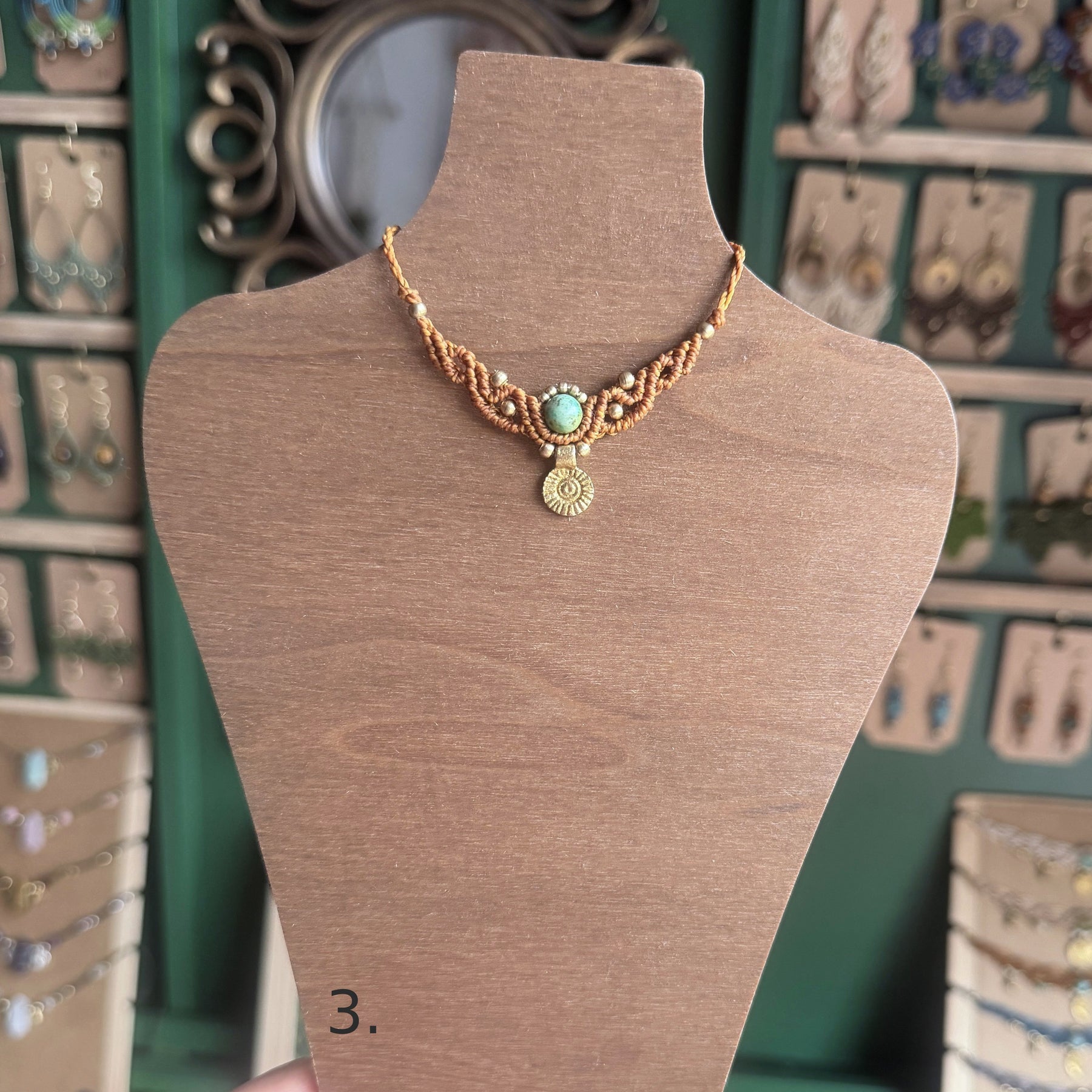 Macrame Collier with gemstone bead and brass charm - several choices