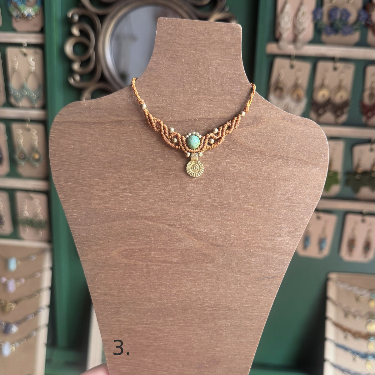 Macrame Collier with gemstone bead and brass charm - several choices