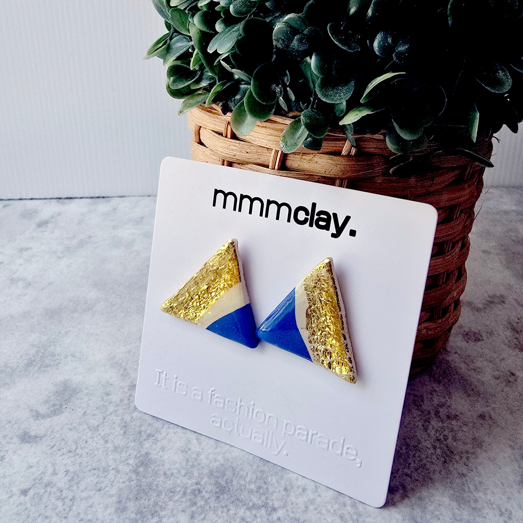 Bright Blue Gold Triangle Handmade Polymer Clay Studs