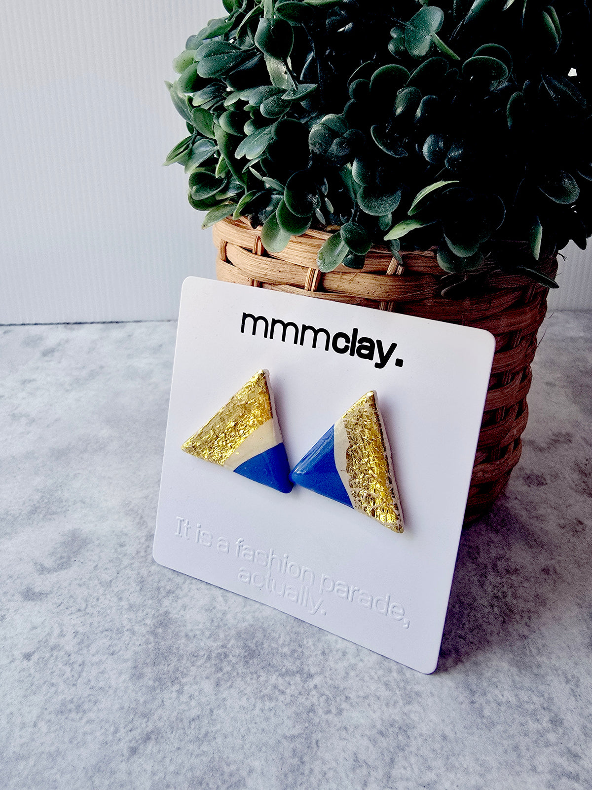 Bright Blue Gold Triangle Handmade Polymer Clay Studs