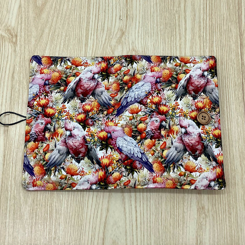 Galahs, Black Cockatoos refillable A5 fabric notebook cover gift set - Incl. book and pen.