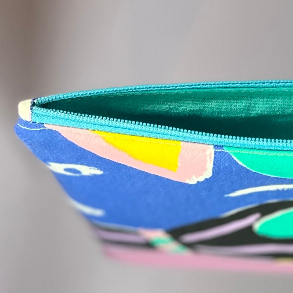 Colourful, repurposed vintage fabric zip POUCH with leather