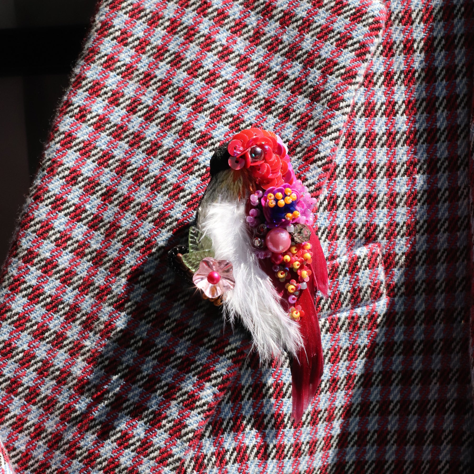 Crimson Feather Beaded Brooch
