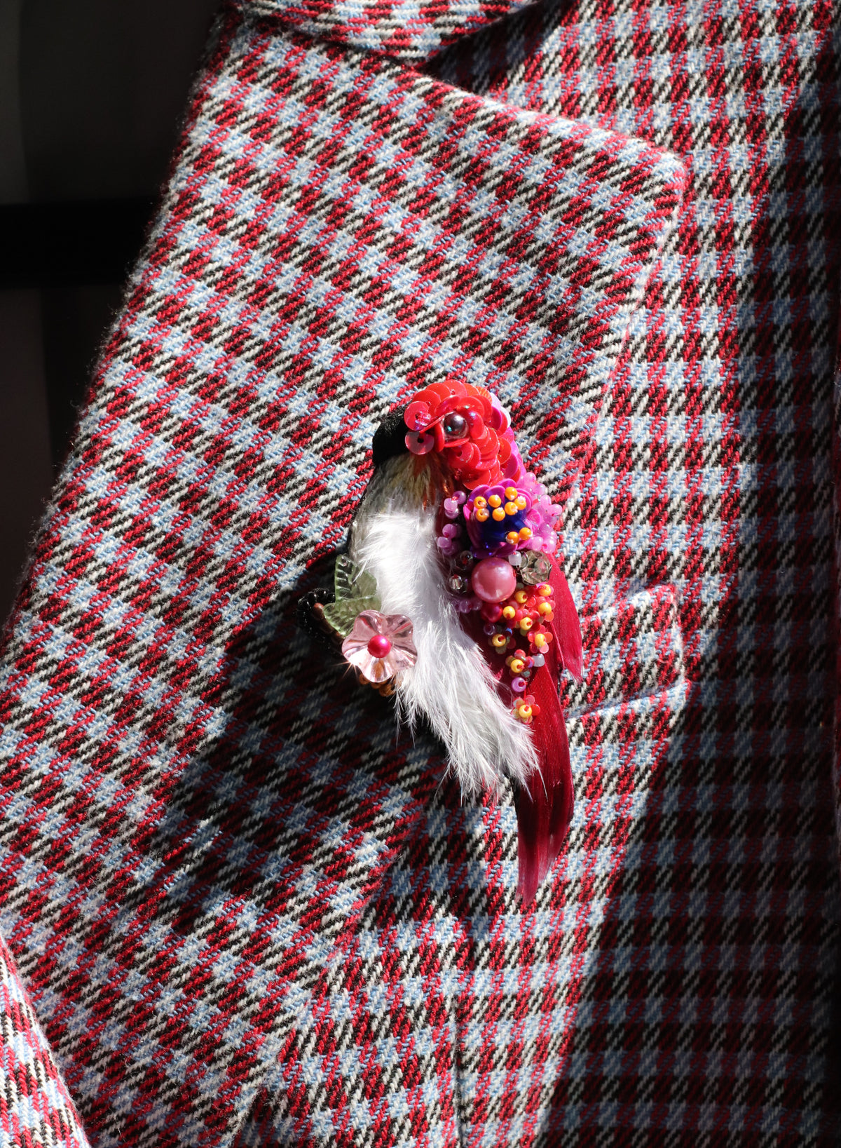 Crimson Feather Beaded Brooch