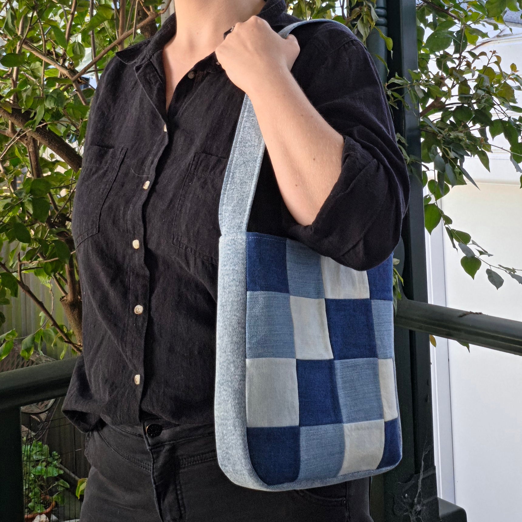 Upcycled Denim Jeans & Pre-loved Fabrics Checkered Handbag