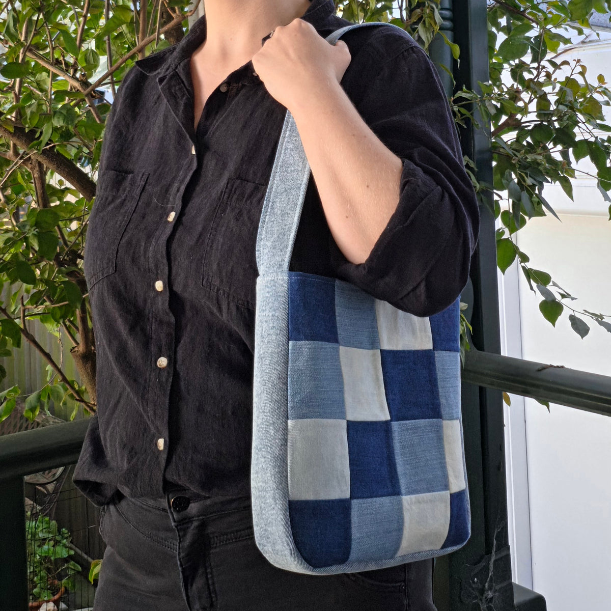 Upcycled Denim Jeans & Pre-loved Fabrics Checkered Handbag