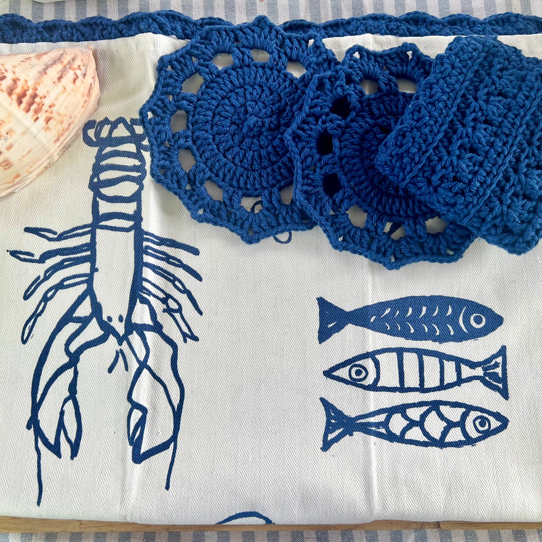 Coastal Kitchen Gift Set, Handmade Crochet Tea Towel & Coasters