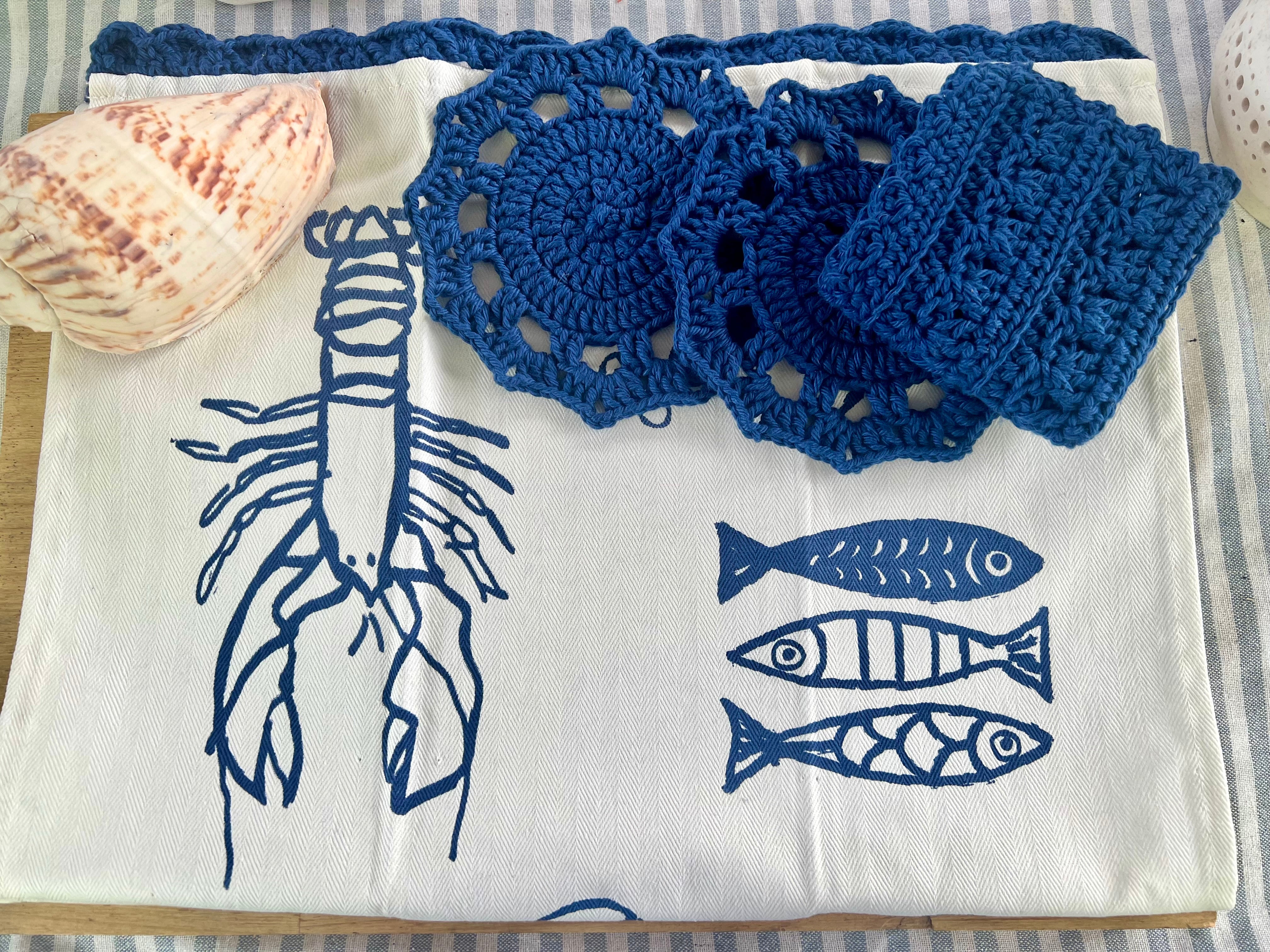 Coastal Kitchen Gift Set, Handmade Crochet Tea Towel & Coasters
