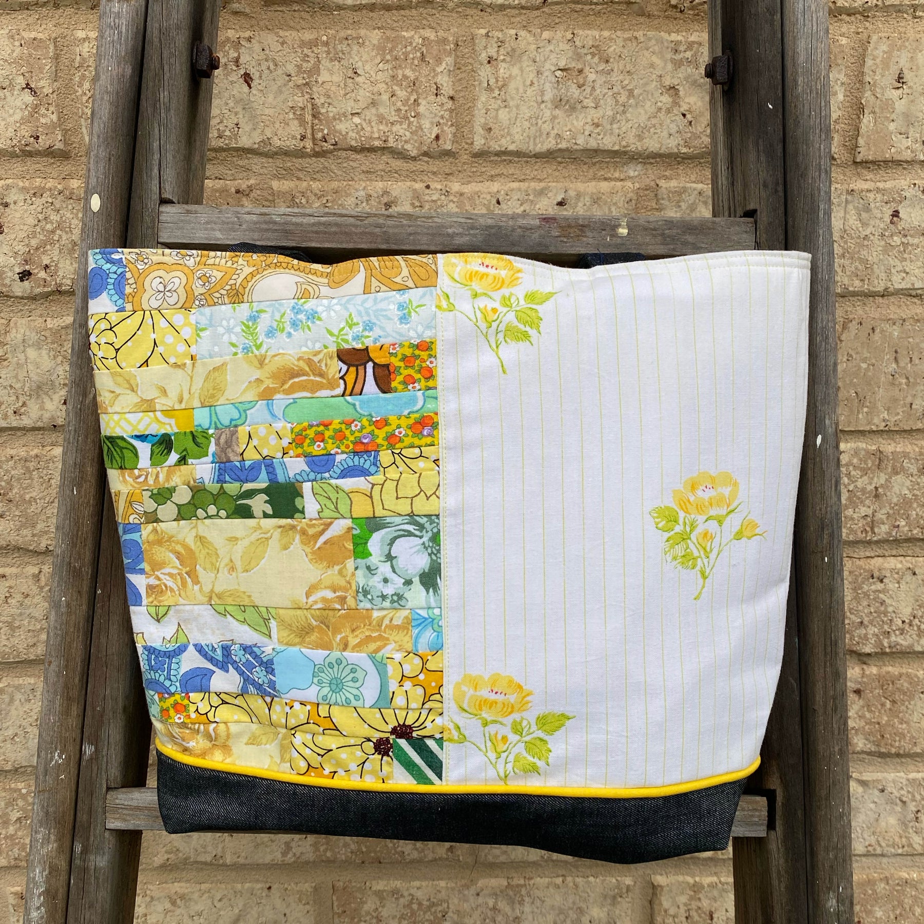 Sunshine Stitched Handmade Tote Bag Upcycled Vintage Fabrics & Denim