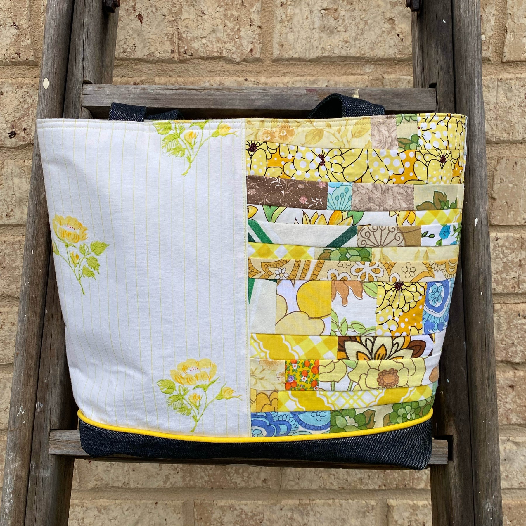 Sunshine Stitched Handmade Tote Bag Upcycled Vintage Fabrics & Denim