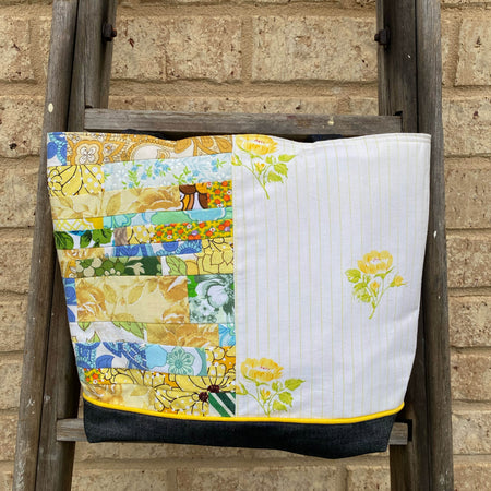 Sunshine Stitched Handmade Tote Bag Upcycled Vintage Fabrics & Denim