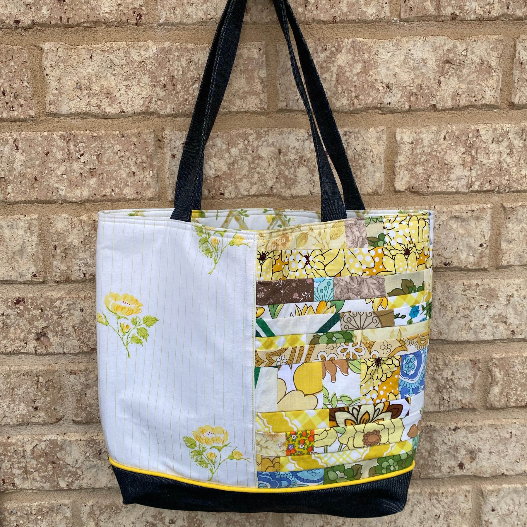 Sunshine Stitched Handmade Tote Bag Upcycled Vintage Fabrics & Denim