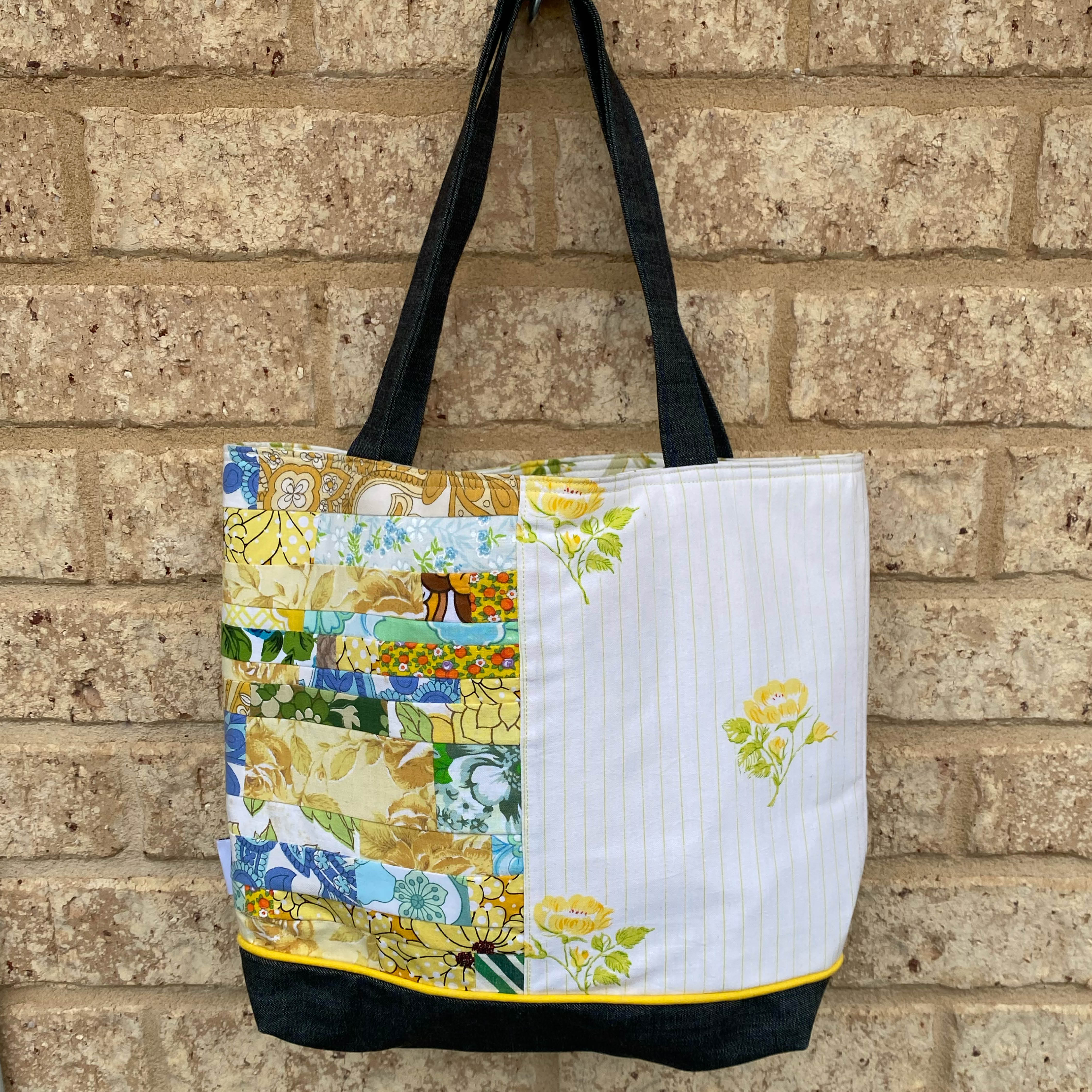 Sunshine Stitched Handmade Tote Bag Upcycled Vintage Fabrics & Denim