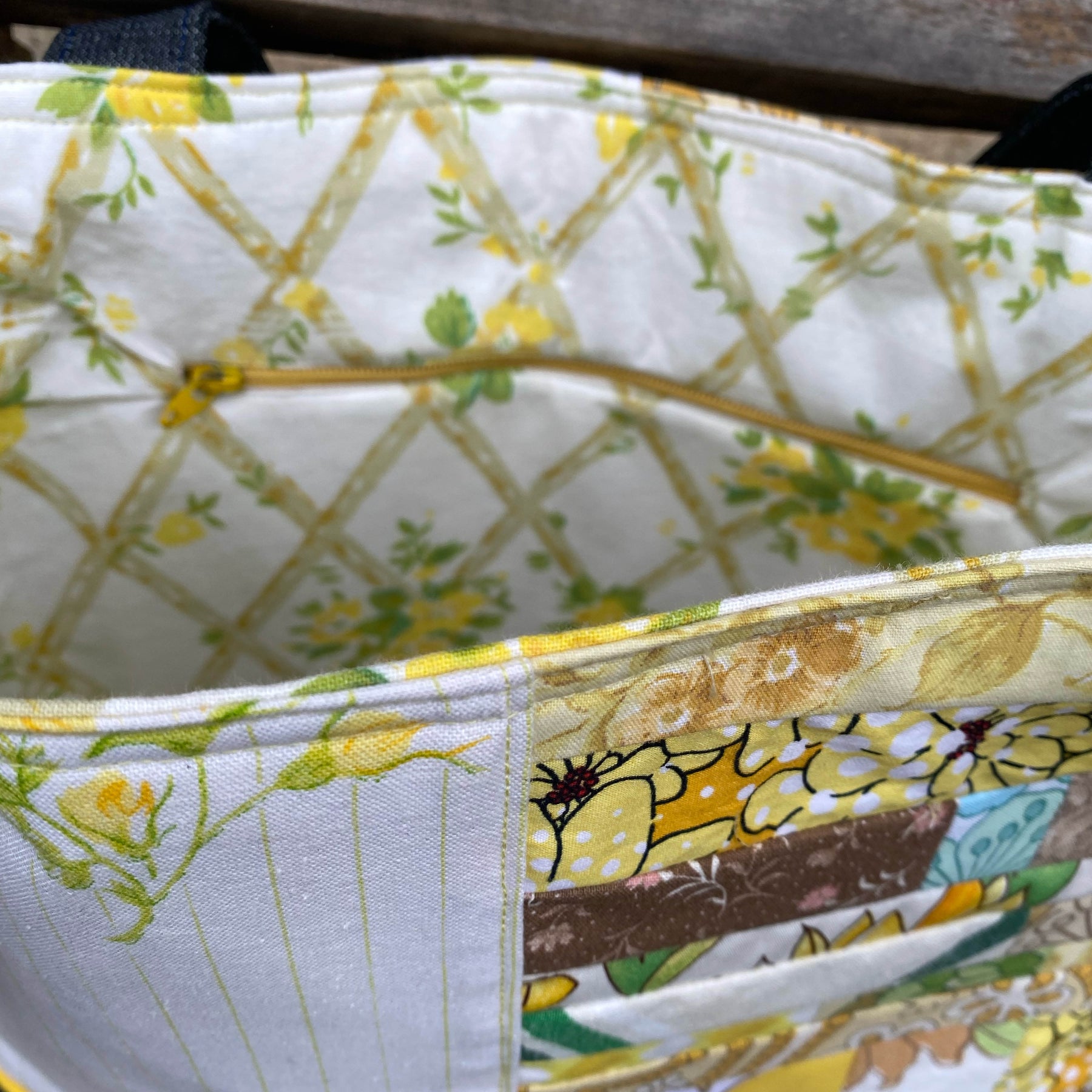Sunshine Stitched Handmade Tote Bag Upcycled Vintage Fabrics & Denim
