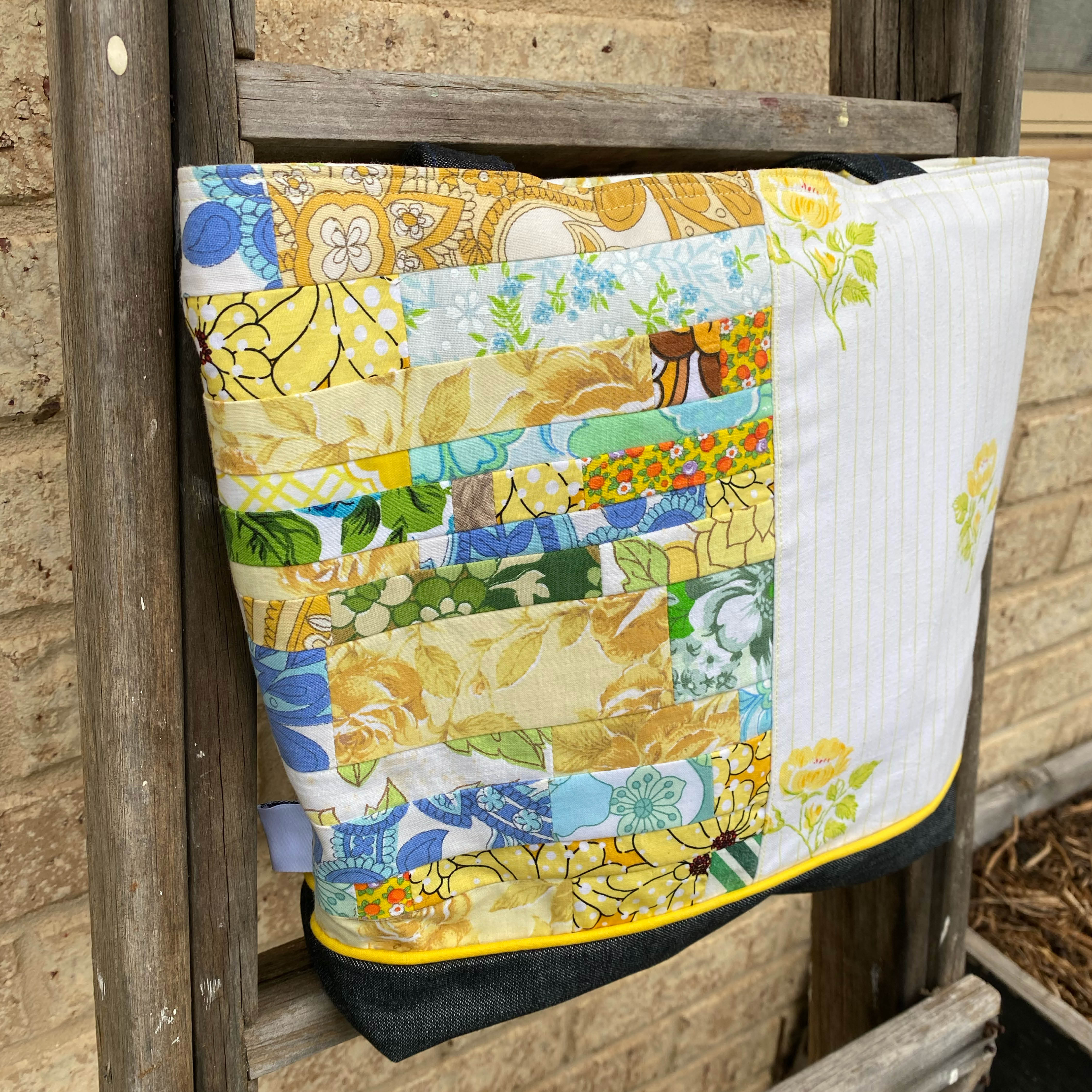 Sunshine Stitched Handmade Tote Bag Upcycled Vintage Fabrics & Denim
