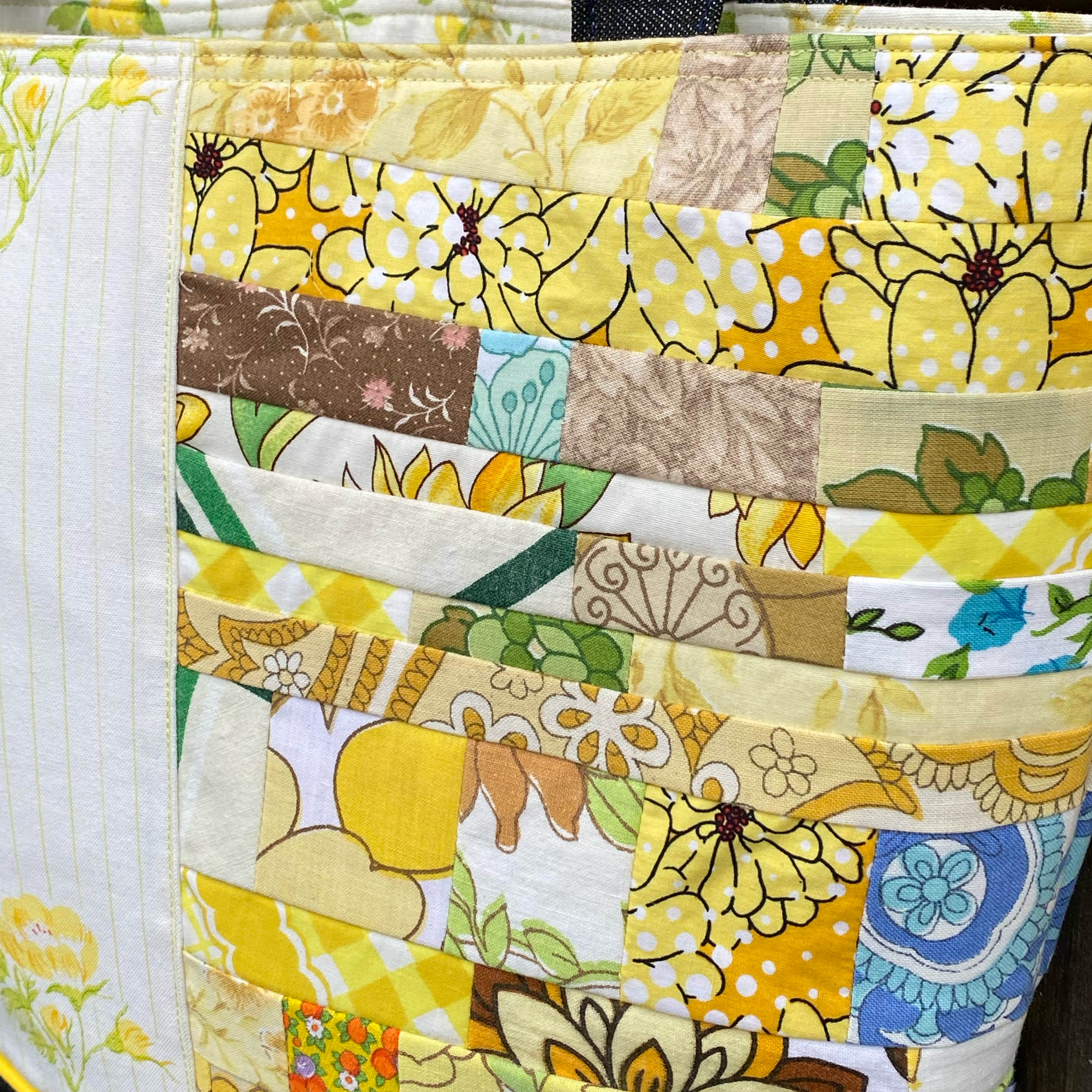 Sunshine Stitched Handmade Tote Bag Upcycled Vintage Fabrics & Denim