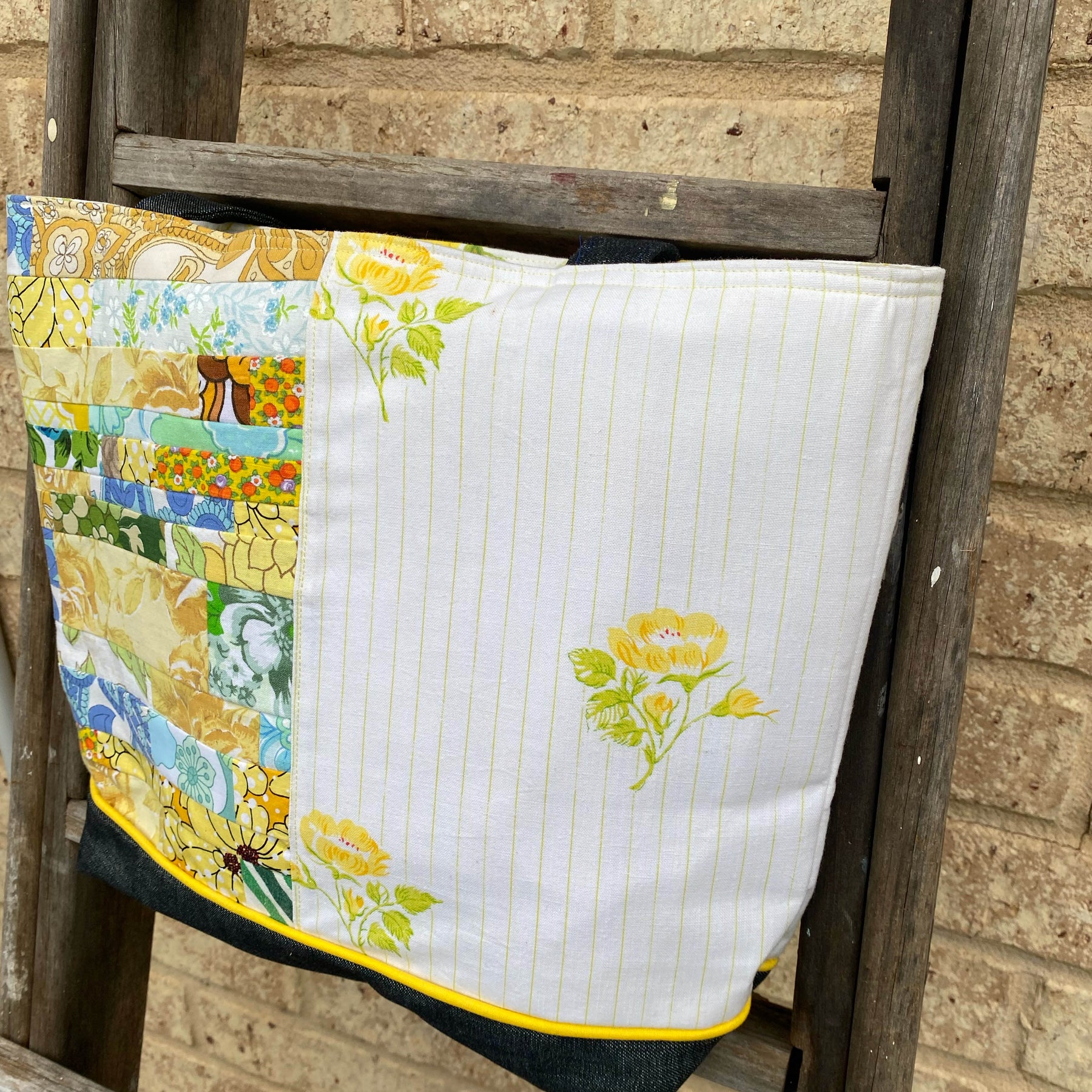 Sunshine Stitched Handmade Tote Bag Upcycled Vintage Fabrics & Denim