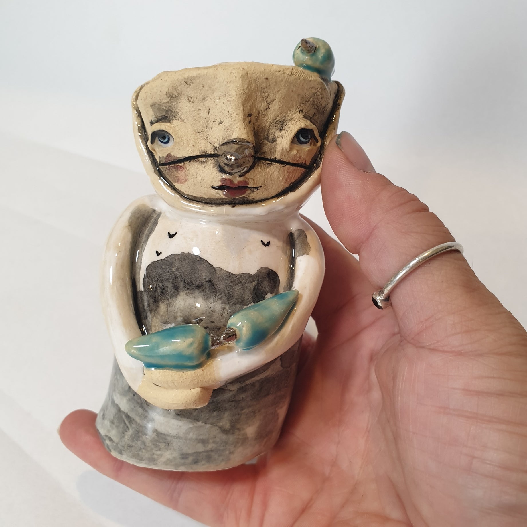 little clay person, birds, whimsical