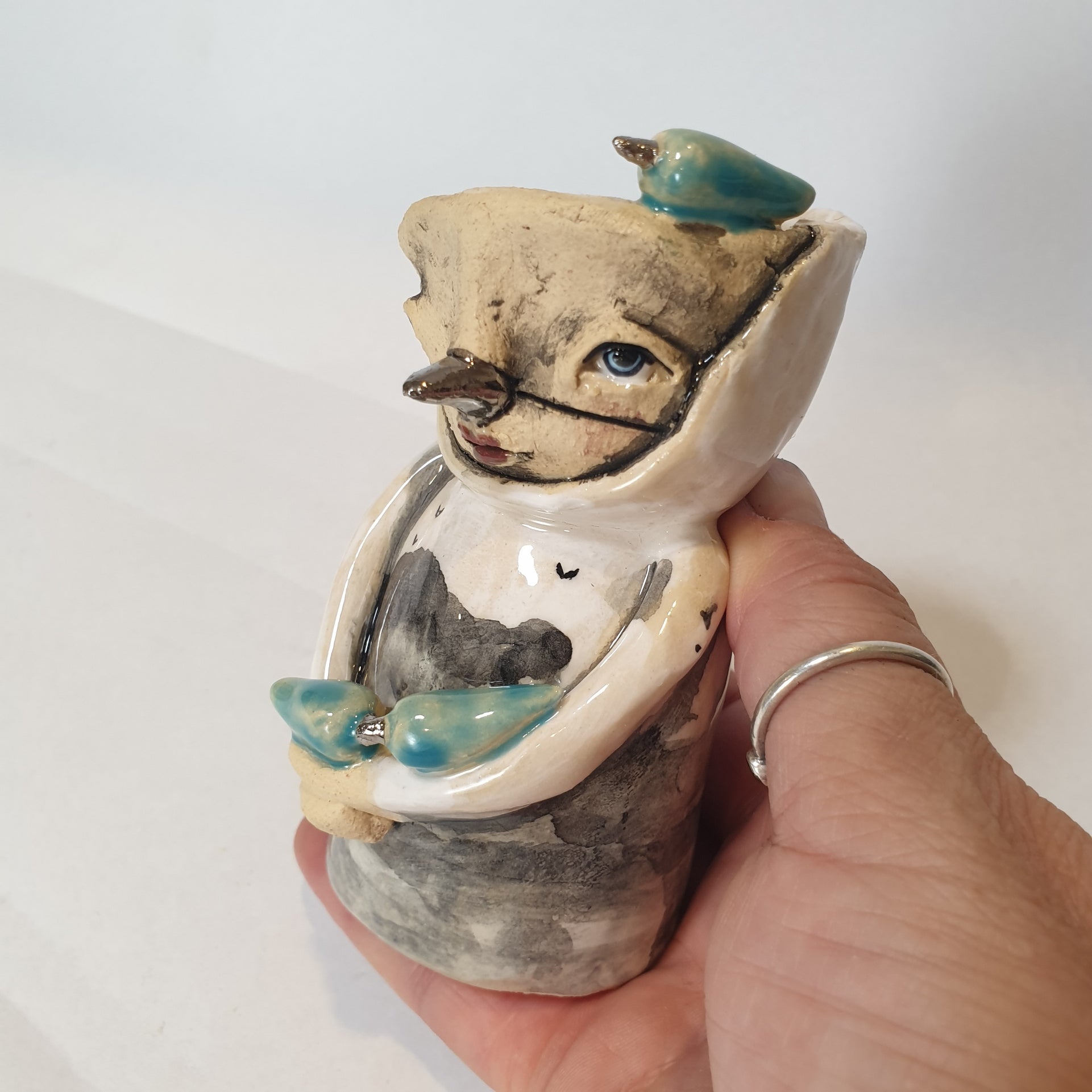 little clay person, birds, whimsical