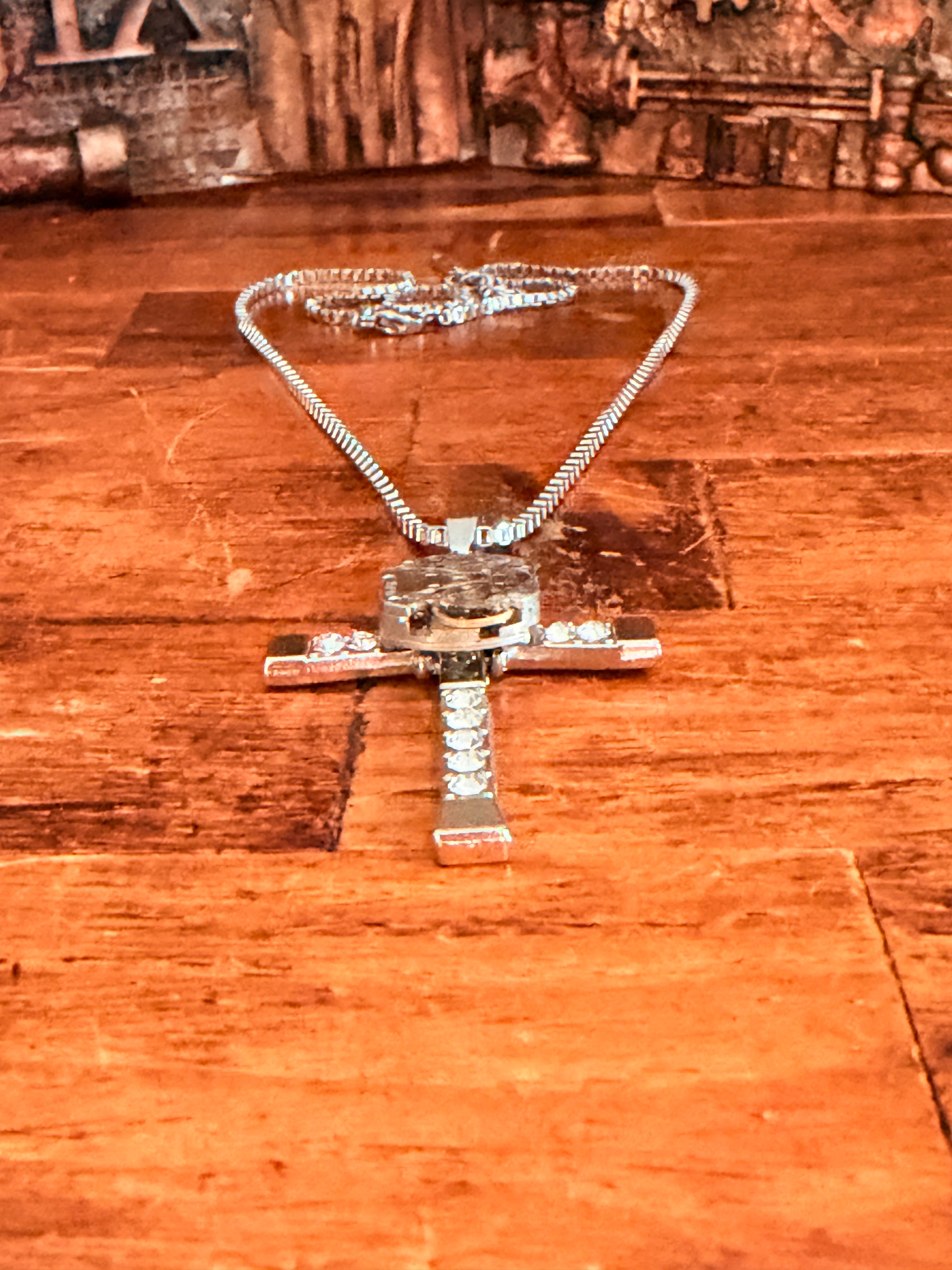 Steampunk watch movement cross necklace