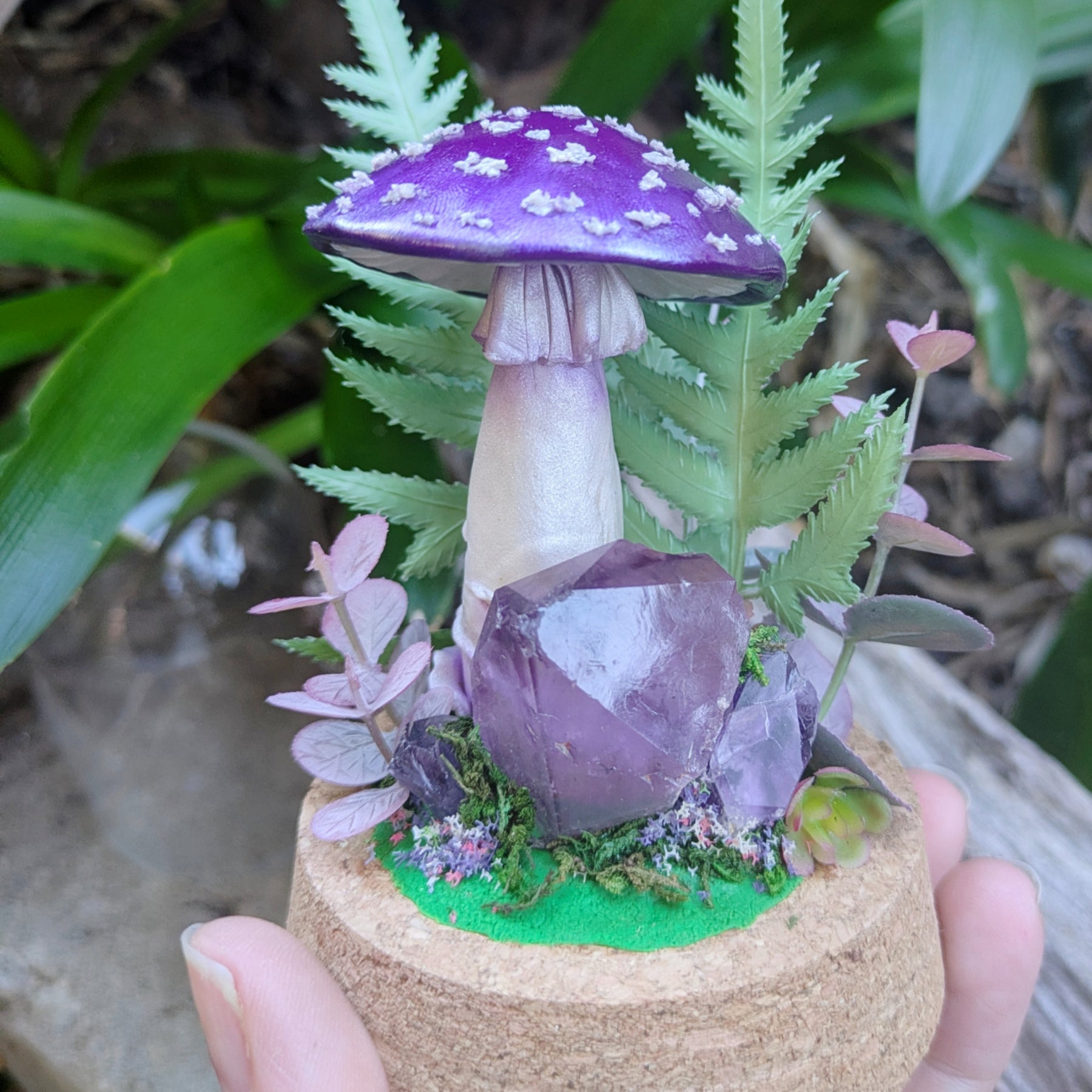 Hand Sculpted Purple Fantasy Mushroom & Amethyst Crystal Dome