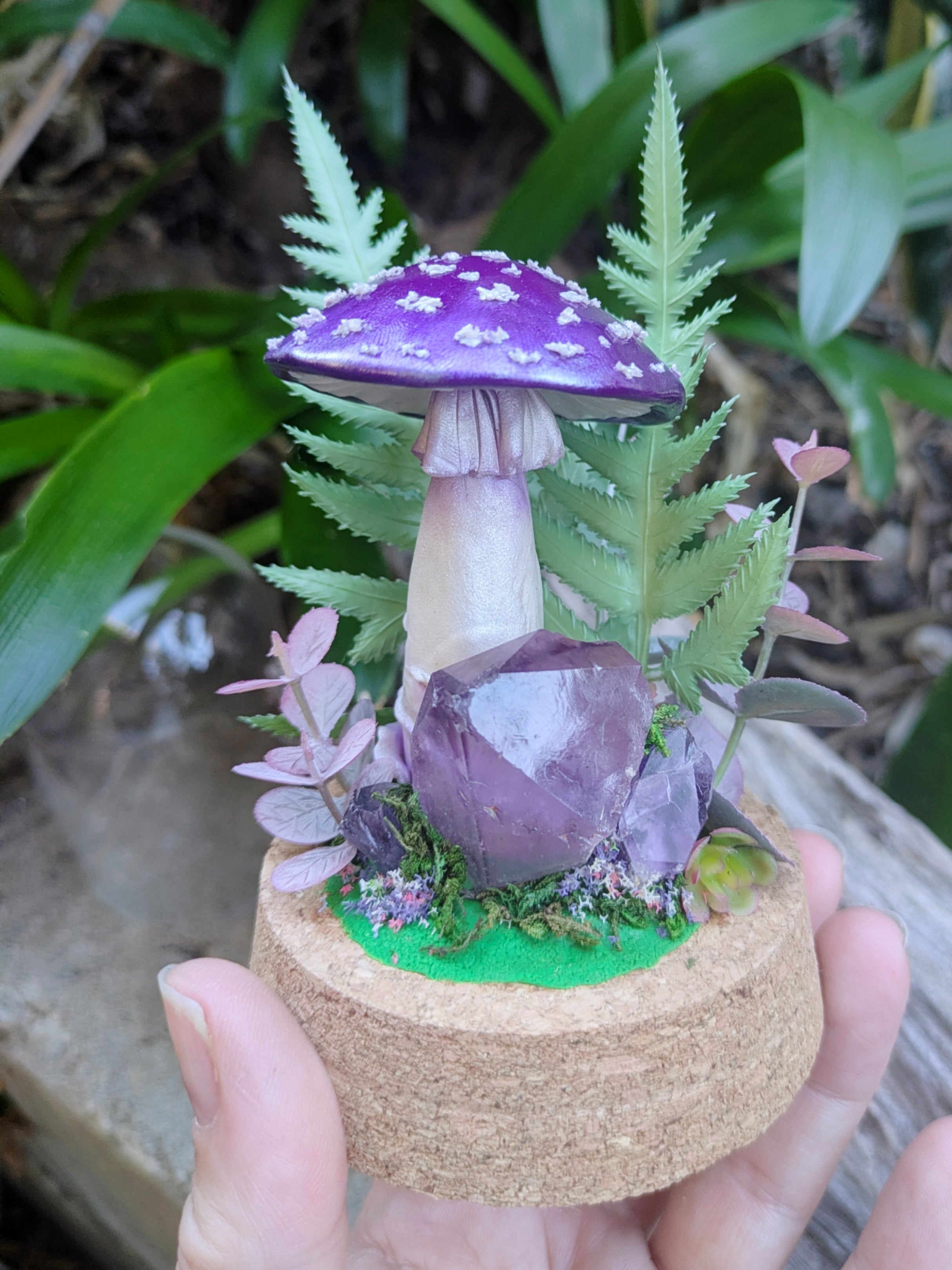 Hand Sculpted Purple Fantasy Mushroom & Amethyst Crystal Dome