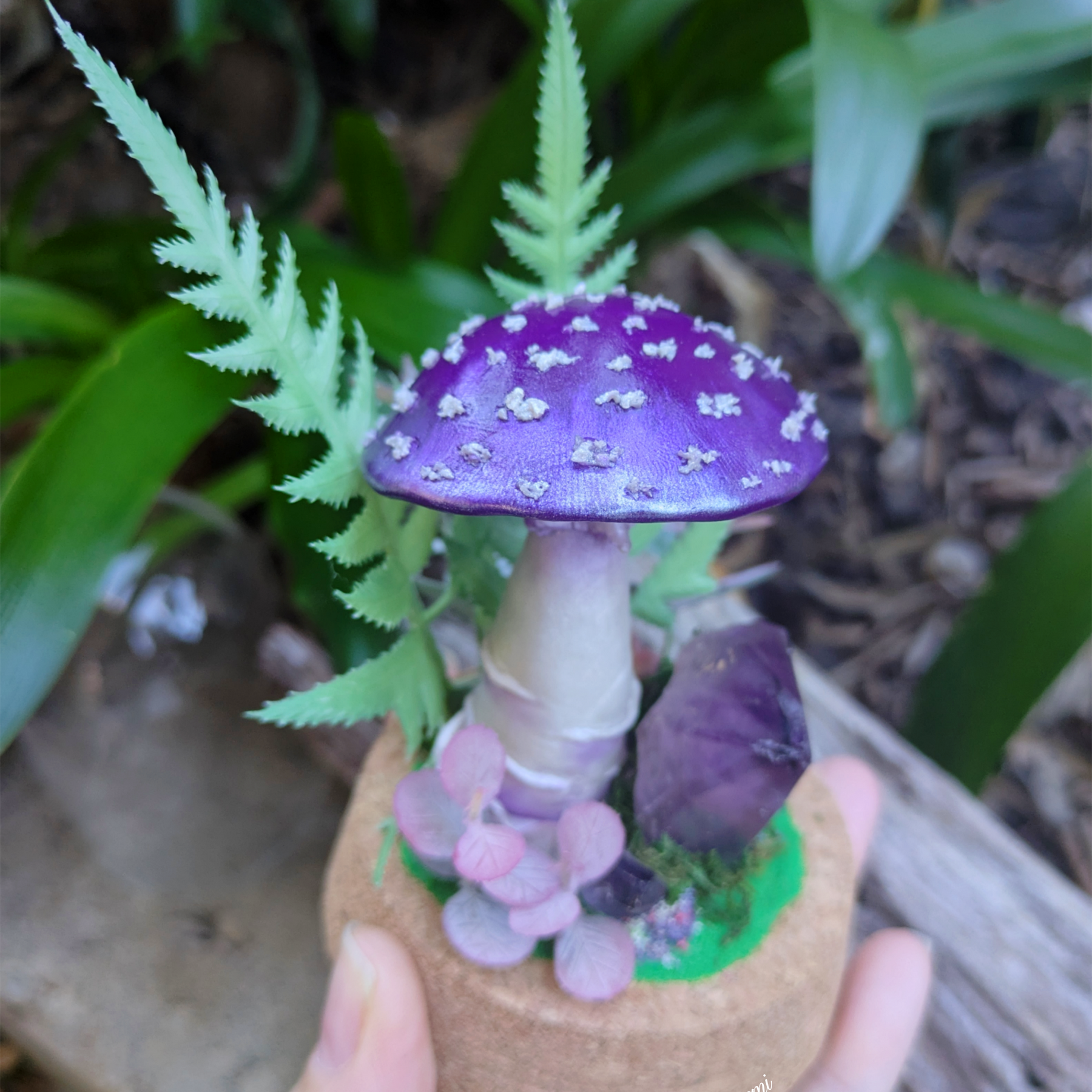 Hand Sculpted Purple Fantasy Mushroom & Amethyst Crystal Dome