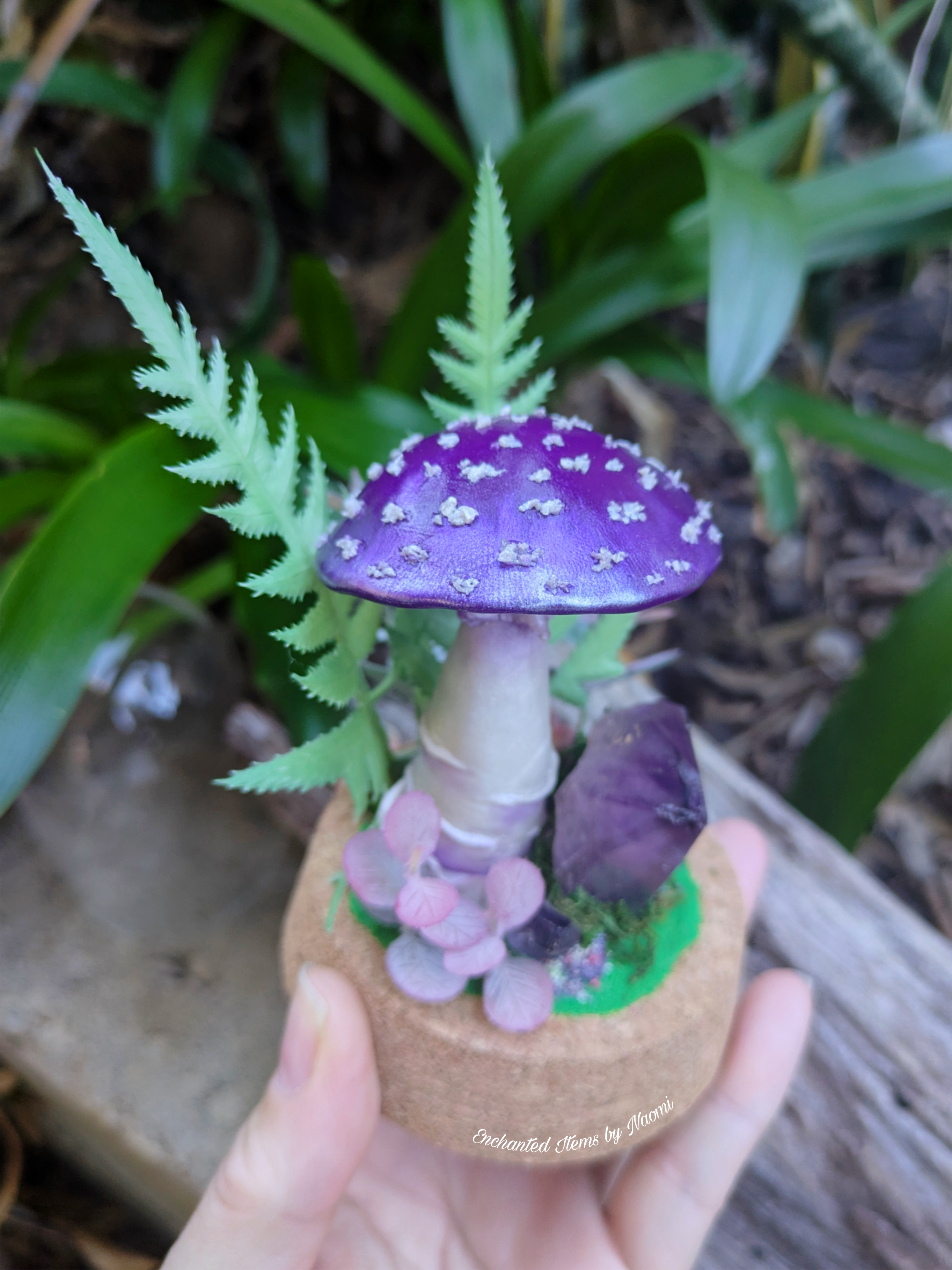 Hand Sculpted Purple Fantasy Mushroom & Amethyst Crystal Dome