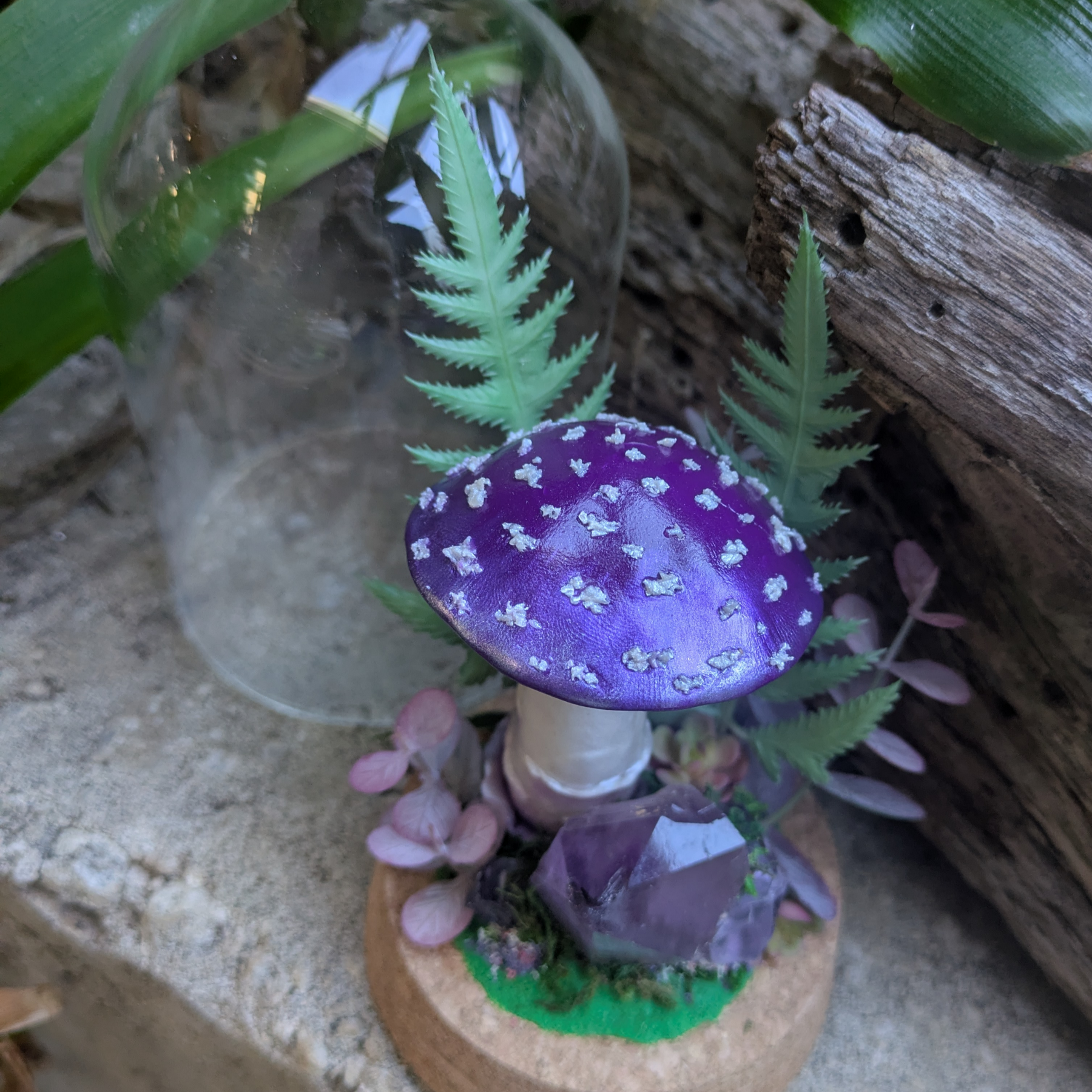 Hand Sculpted Purple Fantasy Mushroom & Amethyst Crystal Dome