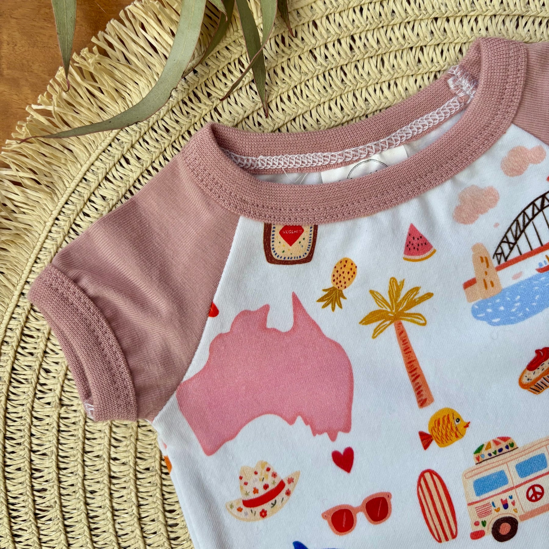 Baby Short Sleeved Bodysuit | Pink Aussie All Over | Size premmie to 2 | Made to order