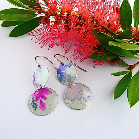 Anodised aluminium earrings hand printed - Mist and Bloom Collection