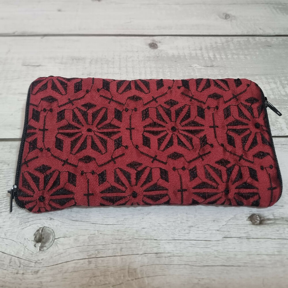 Upcycled double glasses pouch - embroidered black on burgundy