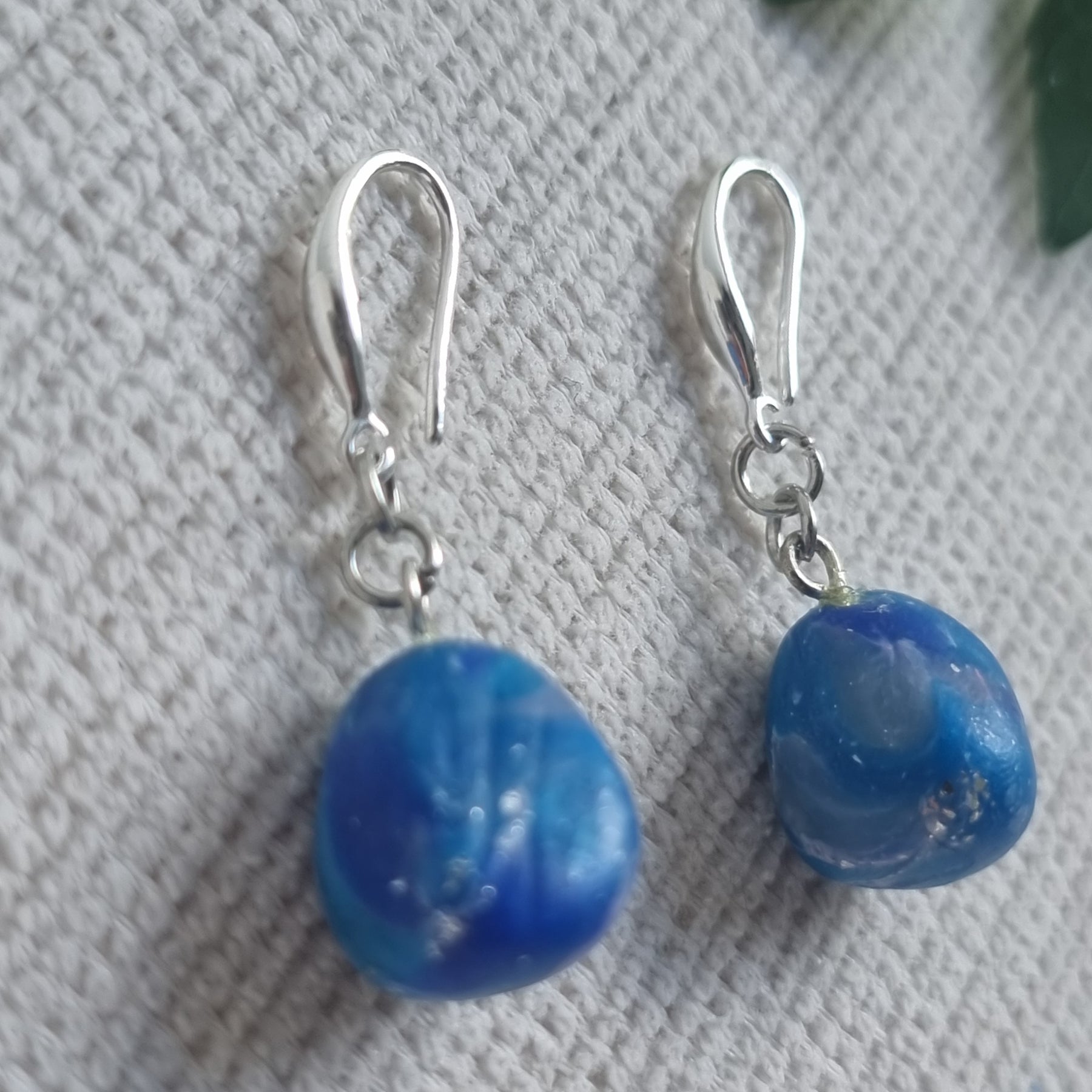Ocean Pebble Dangle = Blue and Silver marble effect earrings