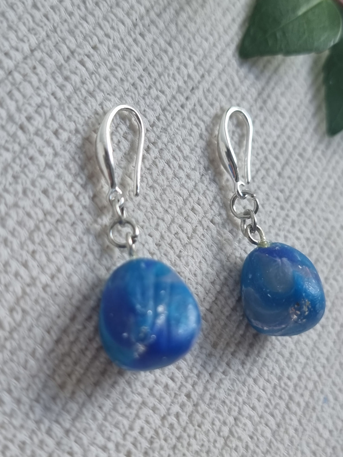 Ocean Pebble Dangle = Blue and Silver marble effect earrings