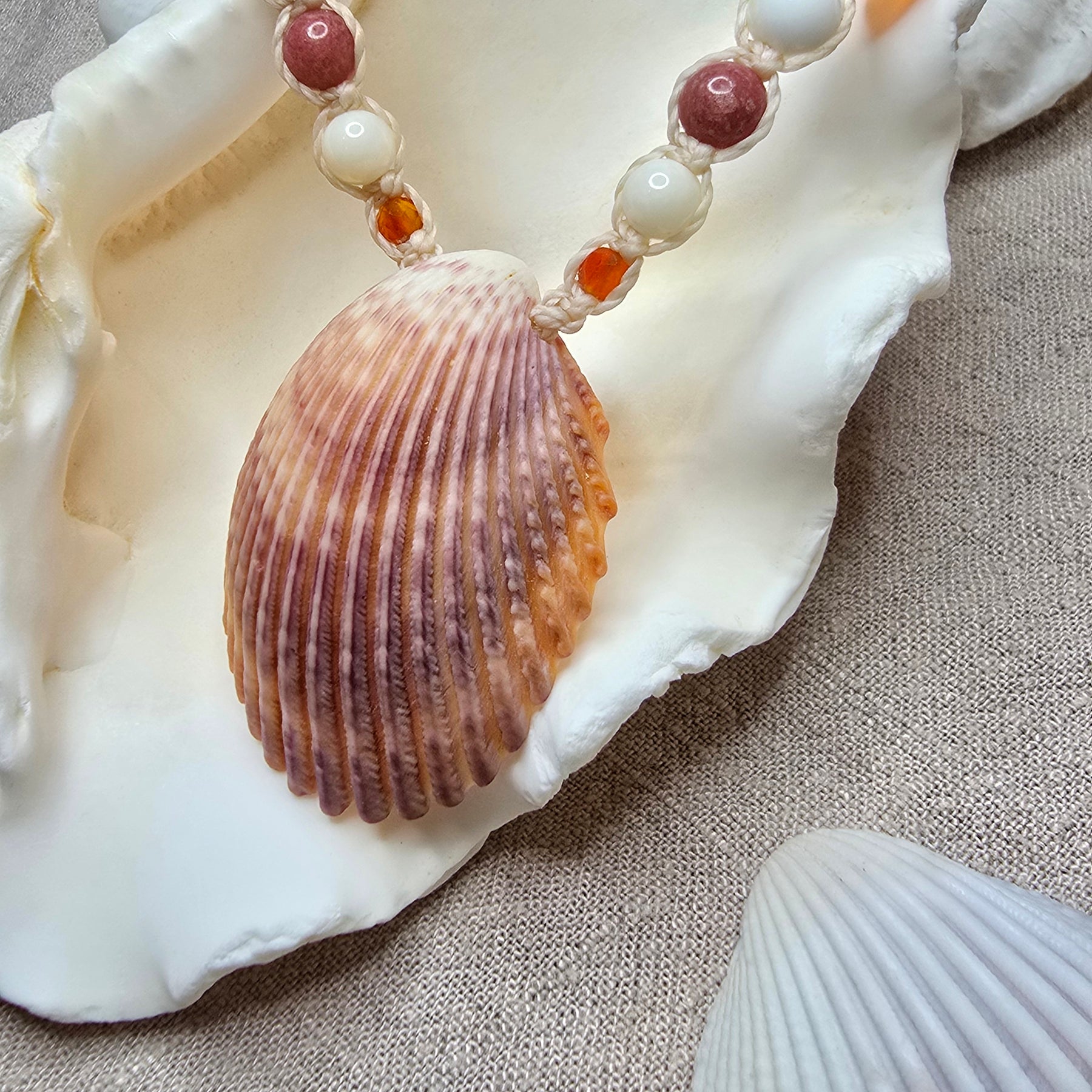 Cockle Shell Necklace with Carnelian, Peach Calcite & Thulite